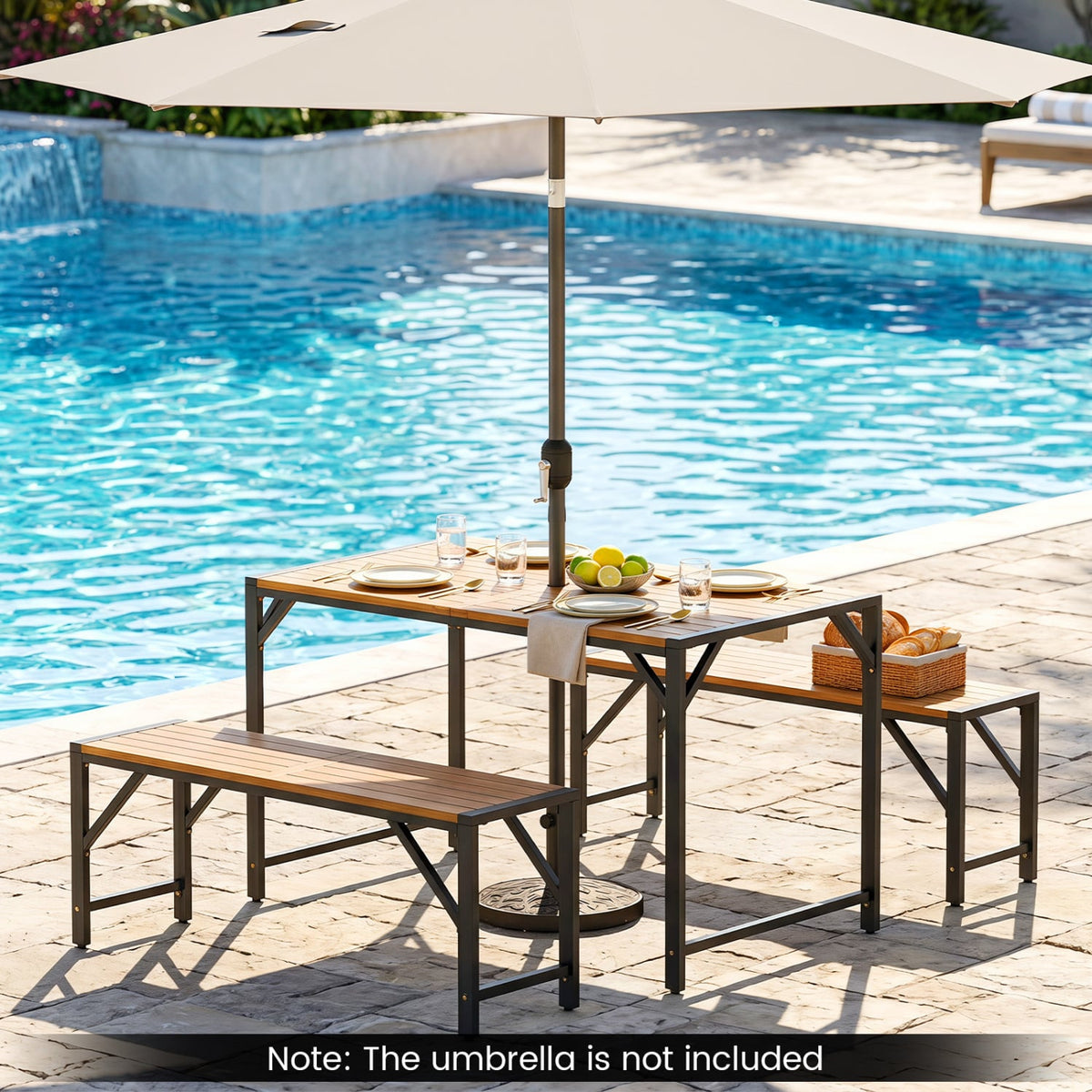 Set of 2 Acacia Wood Outdoor Bench 47.5" with Slatted Seat for Backyard-Outdoor Benches-DECOROLALA