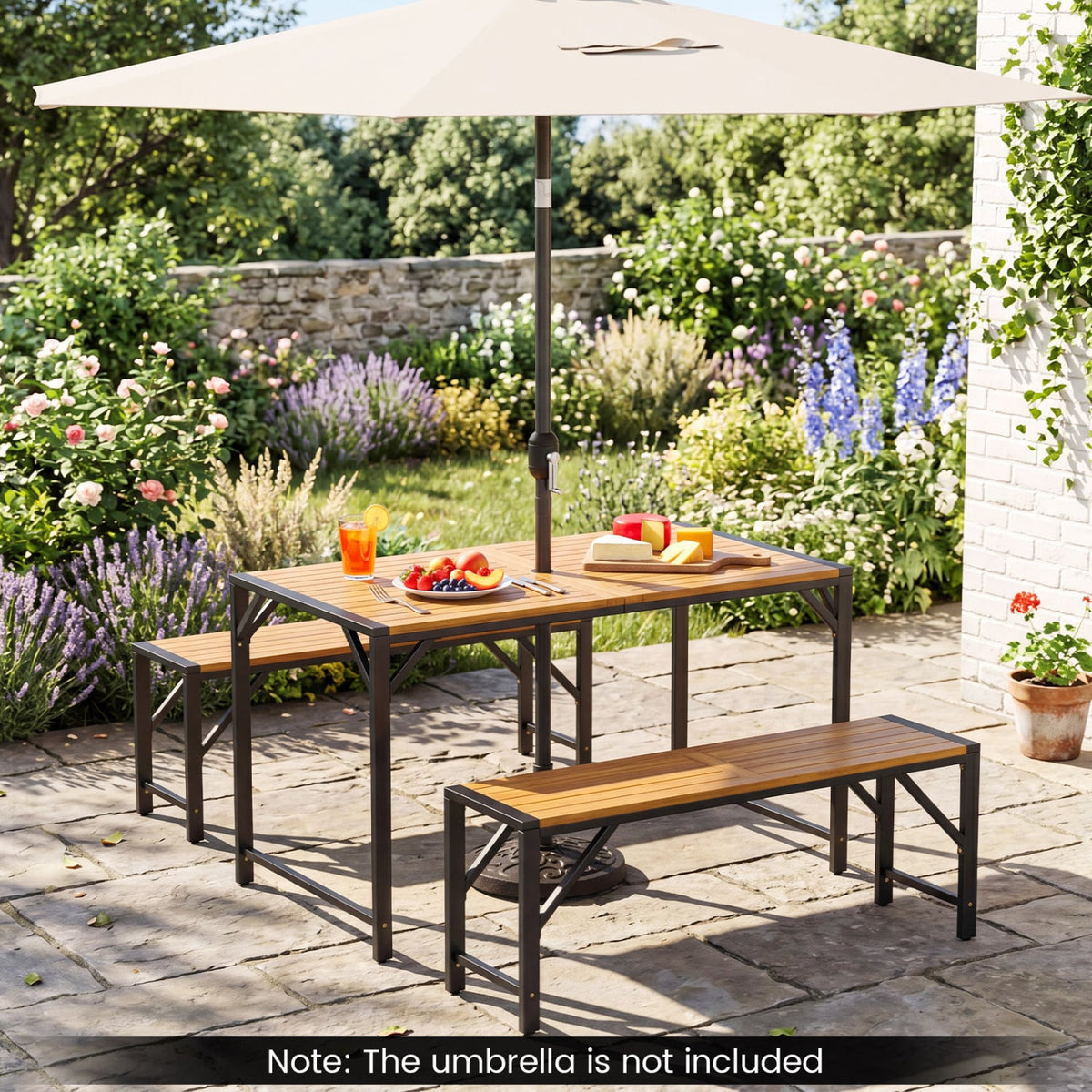 Set of 2 Acacia Wood Outdoor Bench 47.5" with Slatted Seat for Backyard-Outdoor Benches-DECOROLALA