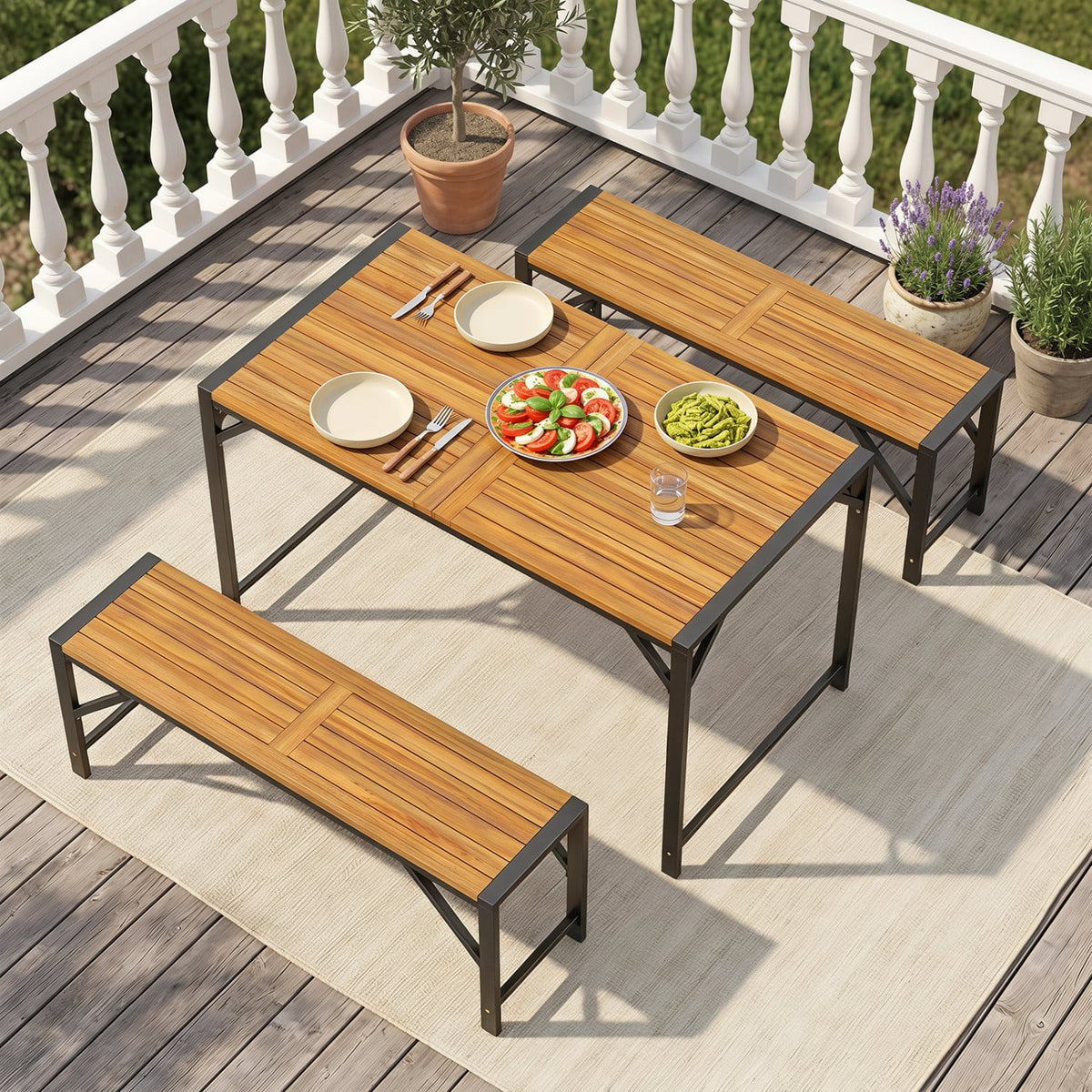 Set of 2 Acacia Wood Outdoor Bench 47.5" with Slatted Seat for Backyard-Outdoor Benches-DECOROLALA