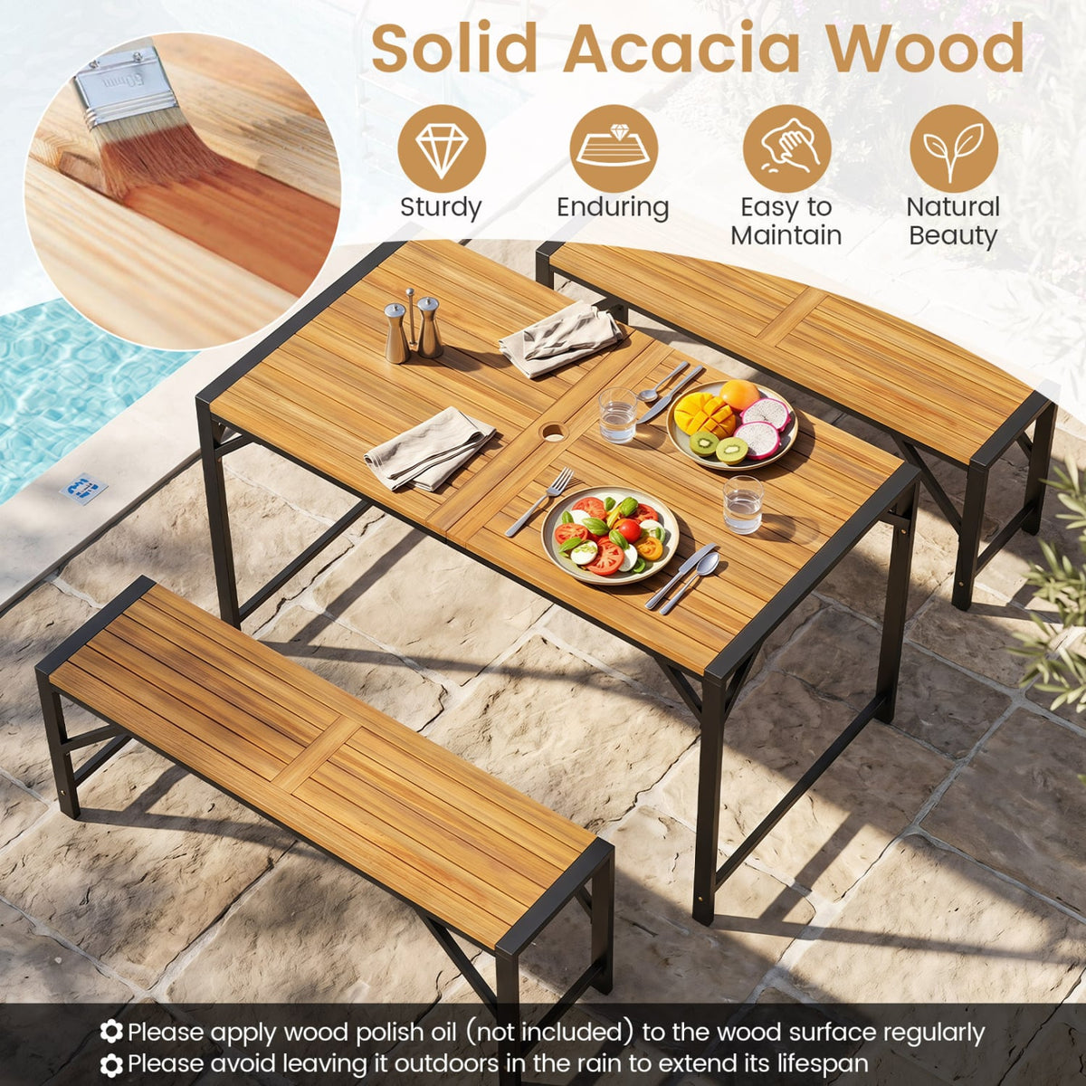 Set of 2 Acacia Wood Outdoor Bench 47.5" with Slatted Seat for Backyard-Outdoor Benches-DECOROLALA