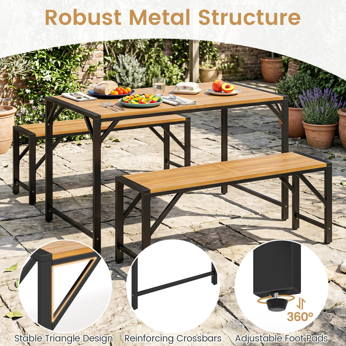 Set of 2 Acacia Wood Outdoor Bench 47.5" with Slatted Seat for Backyard-Outdoor Benches-DECOROLALA