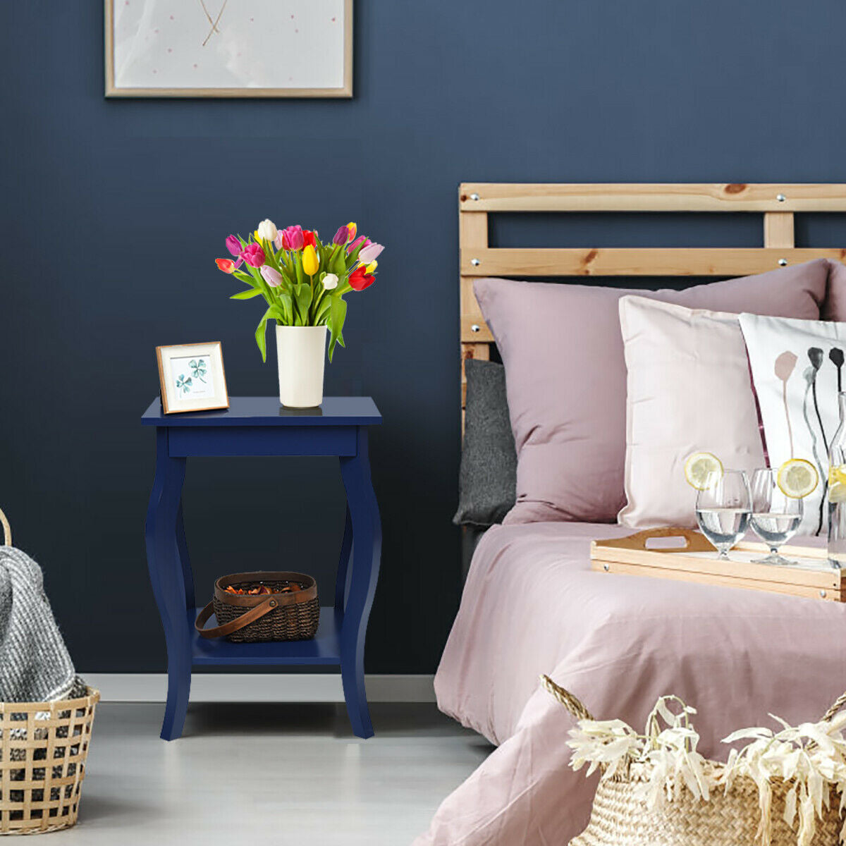 Set of 2 Accent Side Tables with Shelf-Blue-End & Side Tables-DECOROLALA