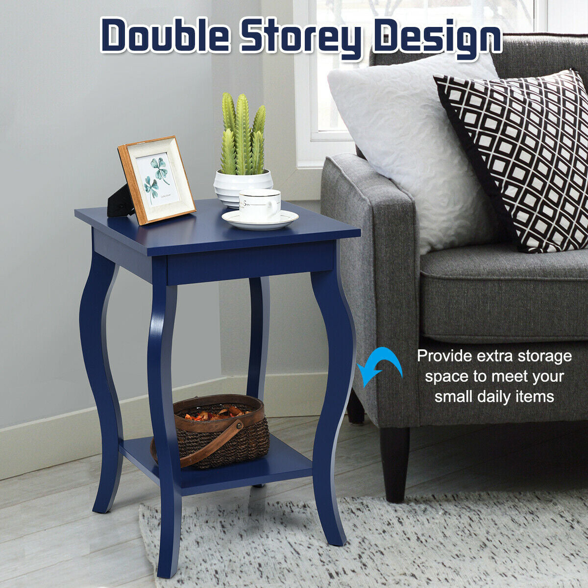 Set of 2 Accent Side Tables with Shelf-Blue-End & Side Tables-DECOROLALA