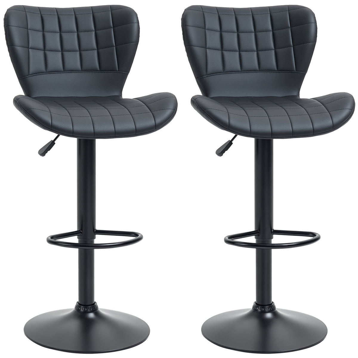 Set of 2 Adjustable Swivel Bar Stools - Black PU Leather-Home Furnishings > Kitchen & Dining Furniture > Bar Stools-DECOROLALA