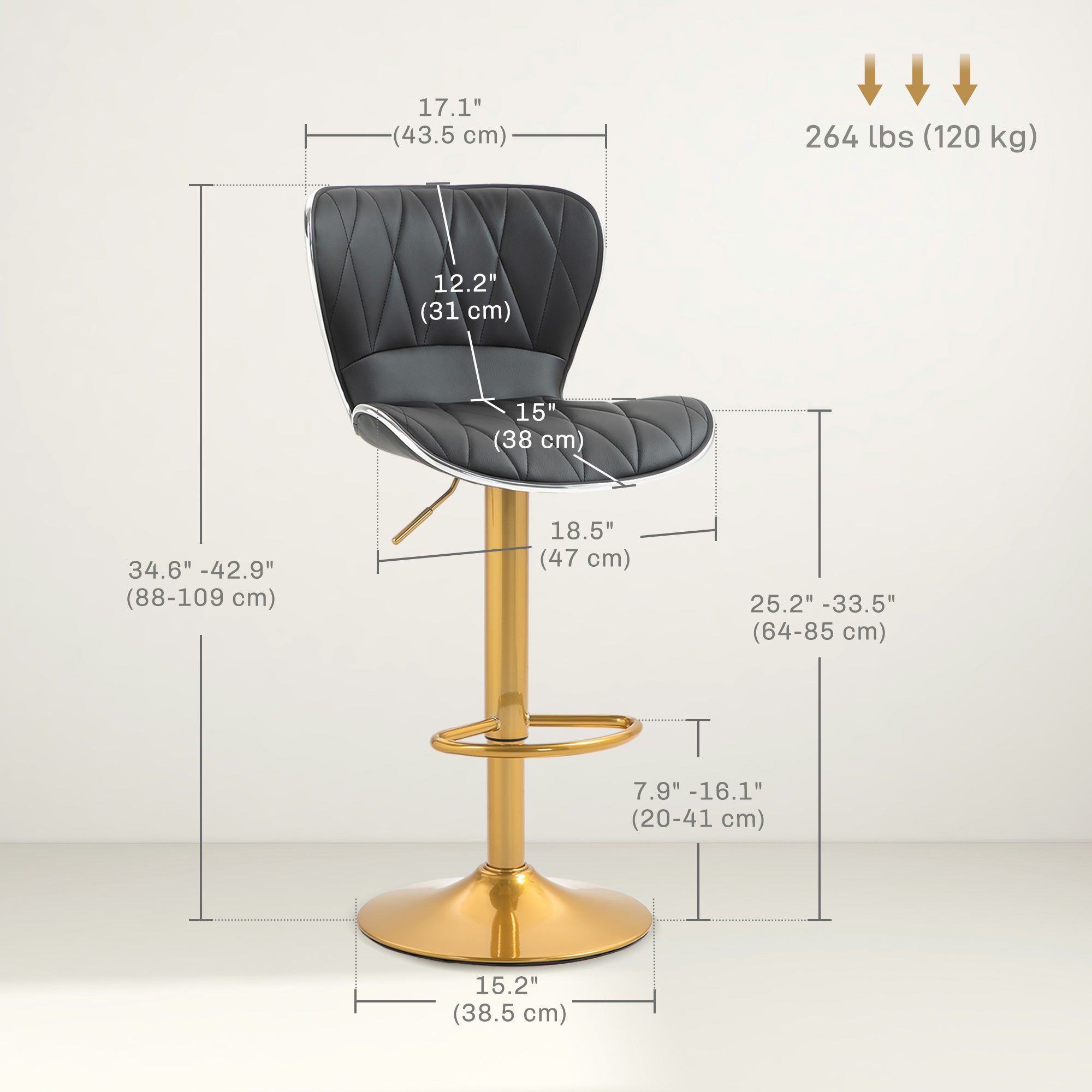 Set of 2 Adjustable Swivel Bar Stools - Black/Gold PU Leather-Home Furnishings > Kitchen & Dining Furniture > Bar Stools-DECOROLALA