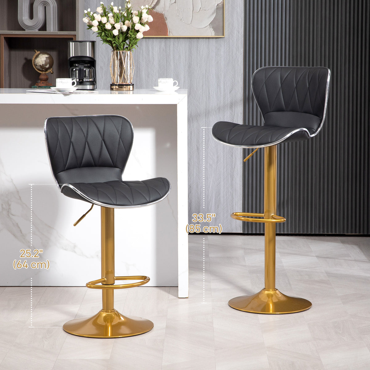 Set of 2 Adjustable Swivel Bar Stools - Black/Gold PU Leather-Home Furnishings > Kitchen & Dining Furniture > Bar Stools-DECOROLALA