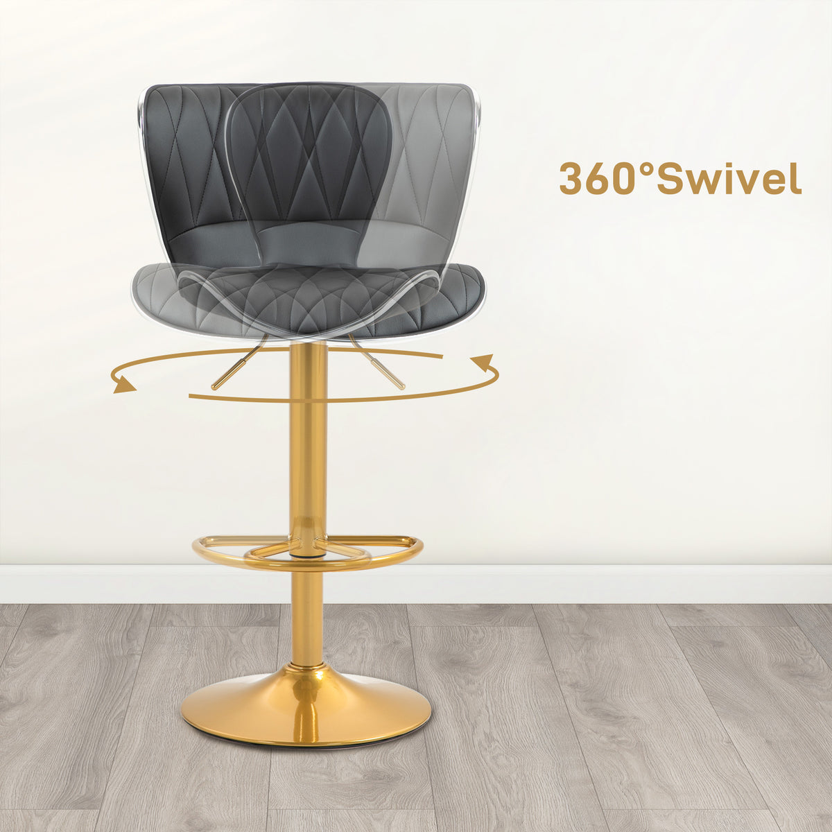 Set of 2 Adjustable Swivel Bar Stools - Black/Gold PU Leather-Home Furnishings > Kitchen & Dining Furniture > Bar Stools-DECOROLALA
