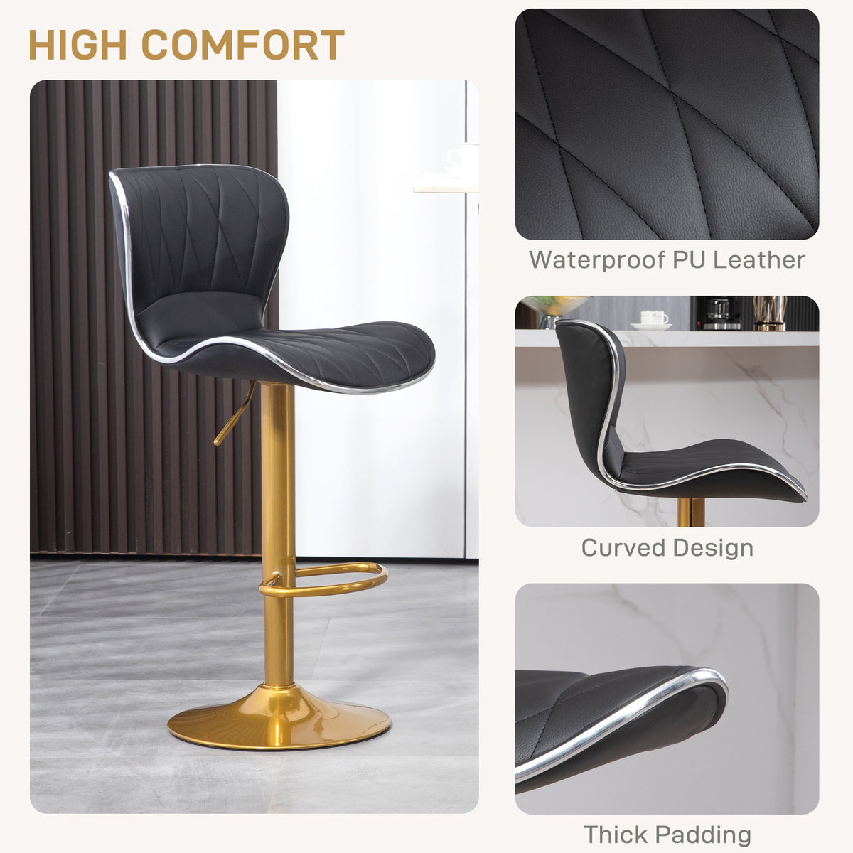 Set of 2 Adjustable Swivel Bar Stools - Black/Gold PU Leather-Home Furnishings > Kitchen & Dining Furniture > Bar Stools-DECOROLALA