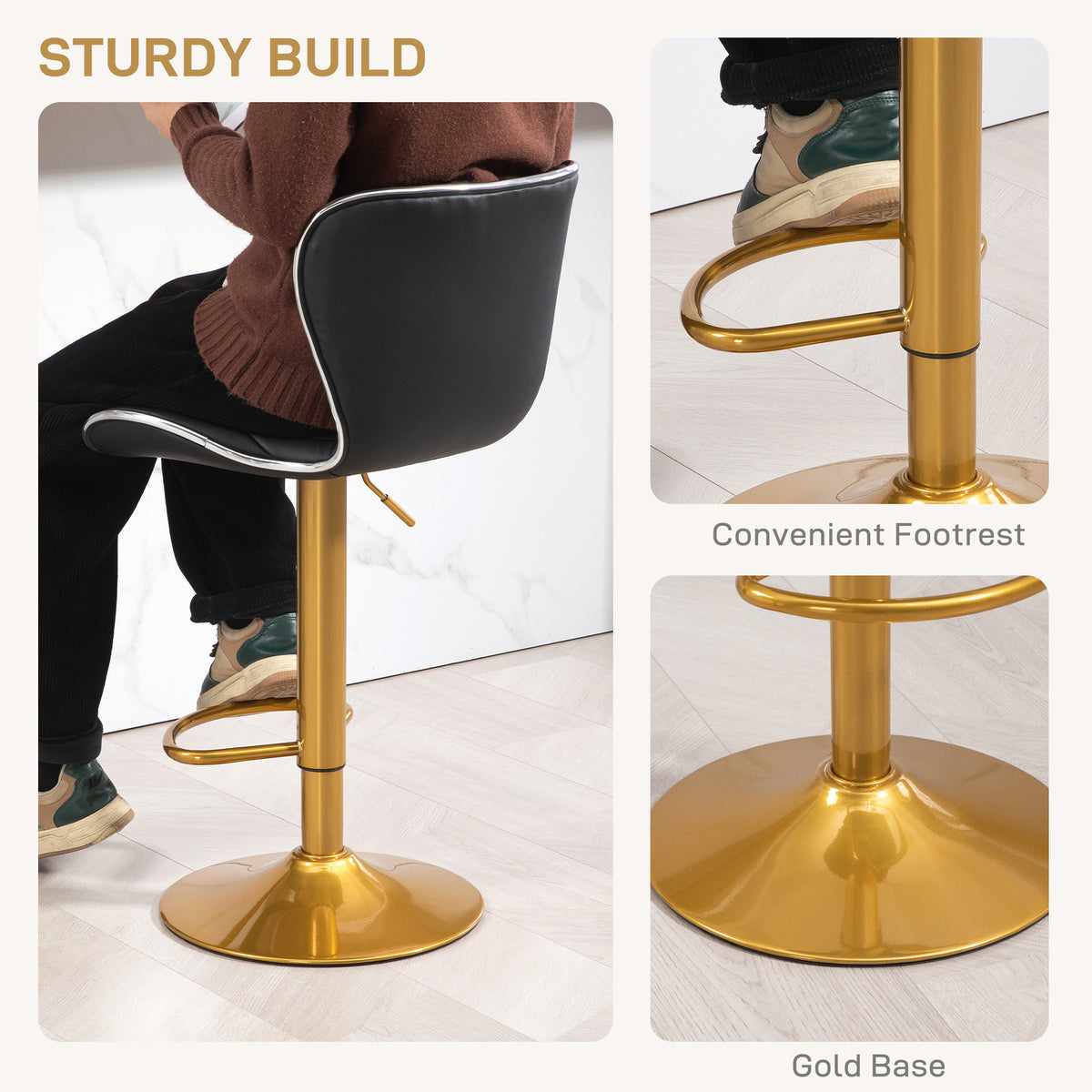 Set of 2 Adjustable Swivel Bar Stools - Black/Gold PU Leather-Home Furnishings > Kitchen & Dining Furniture > Bar Stools-DECOROLALA