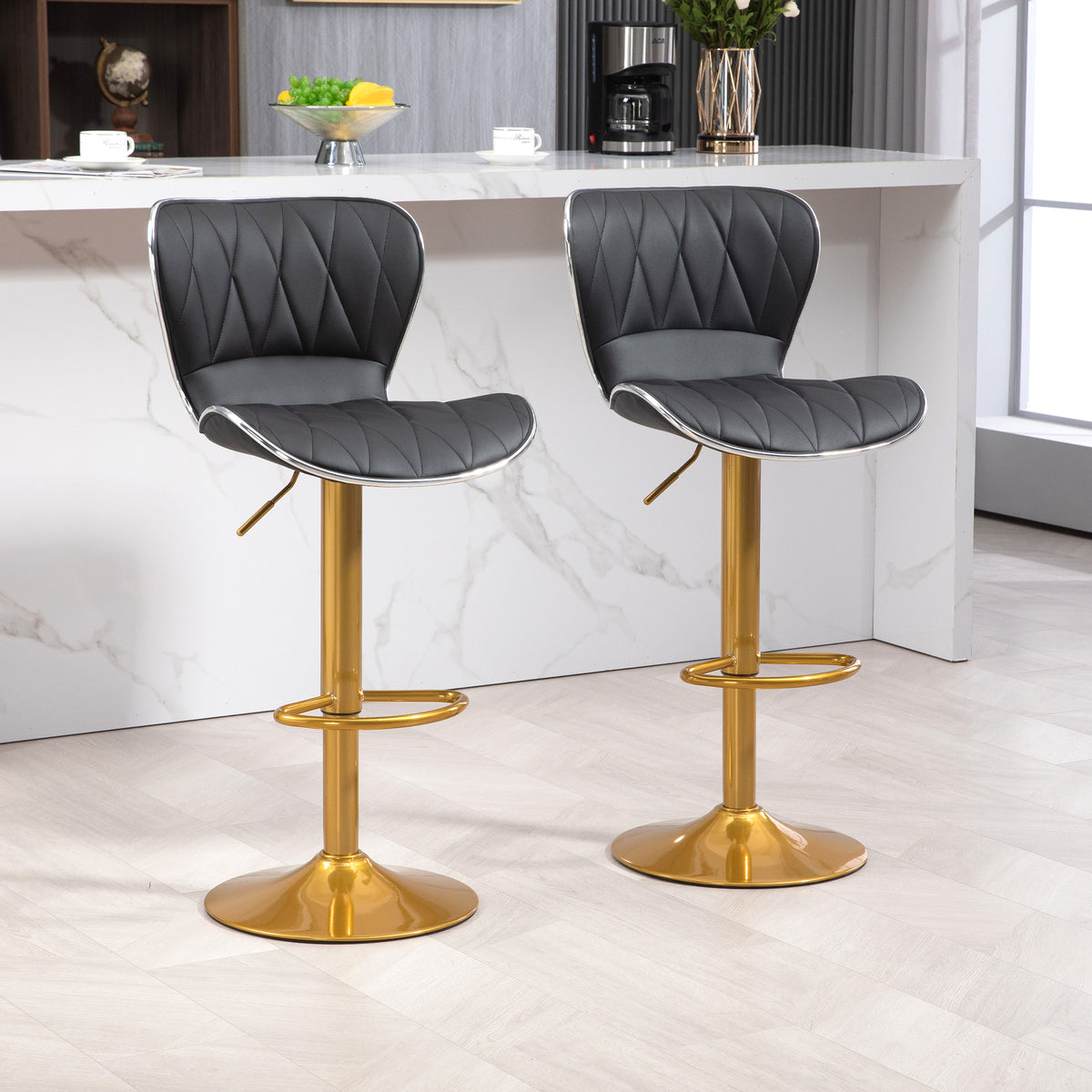 Set of 2 Adjustable Swivel Bar Stools - Black/Gold PU Leather-Home Furnishings > Kitchen & Dining Furniture > Bar Stools-DECOROLALA