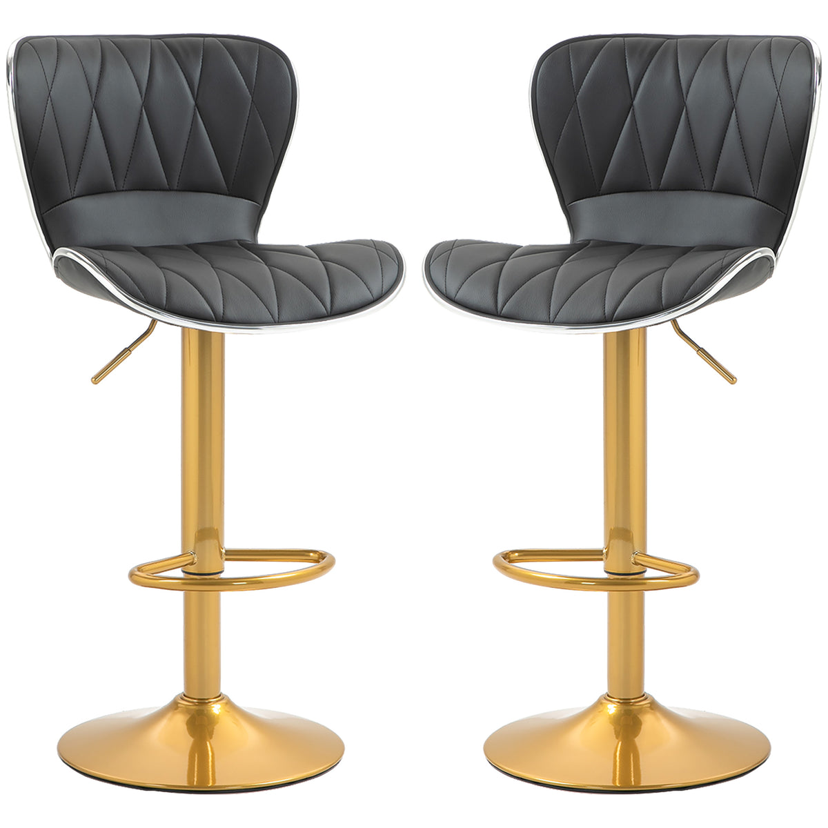 Set of 2 Adjustable Swivel Bar Stools - Black/Gold PU Leather-Home Furnishings > Kitchen & Dining Furniture > Bar Stools-DECOROLALA