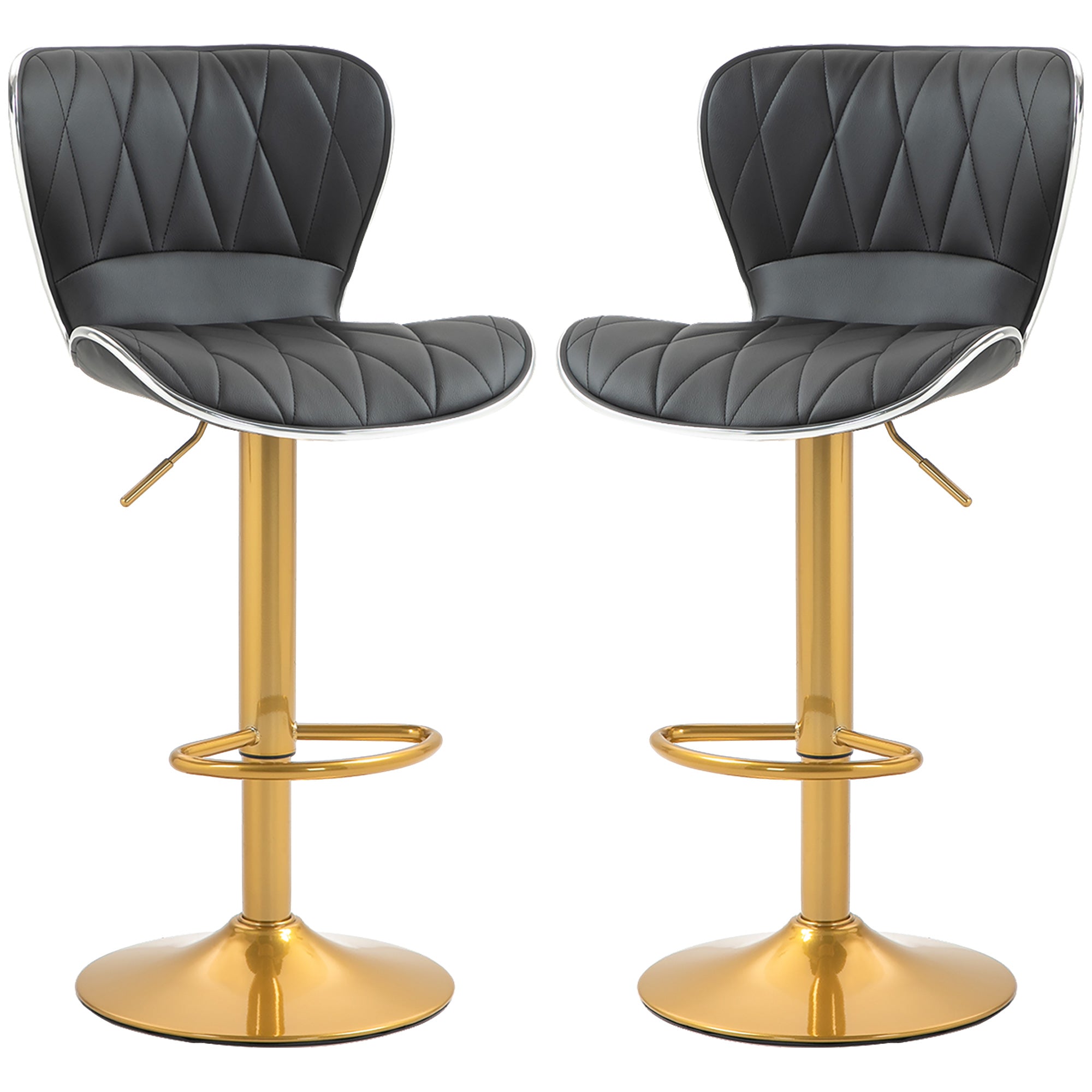 Set of 2 Adjustable Swivel Bar Stools - Black/Gold PU Leather-Home Furnishings > Kitchen & Dining Furniture > Bar Stools-DECOROLALA