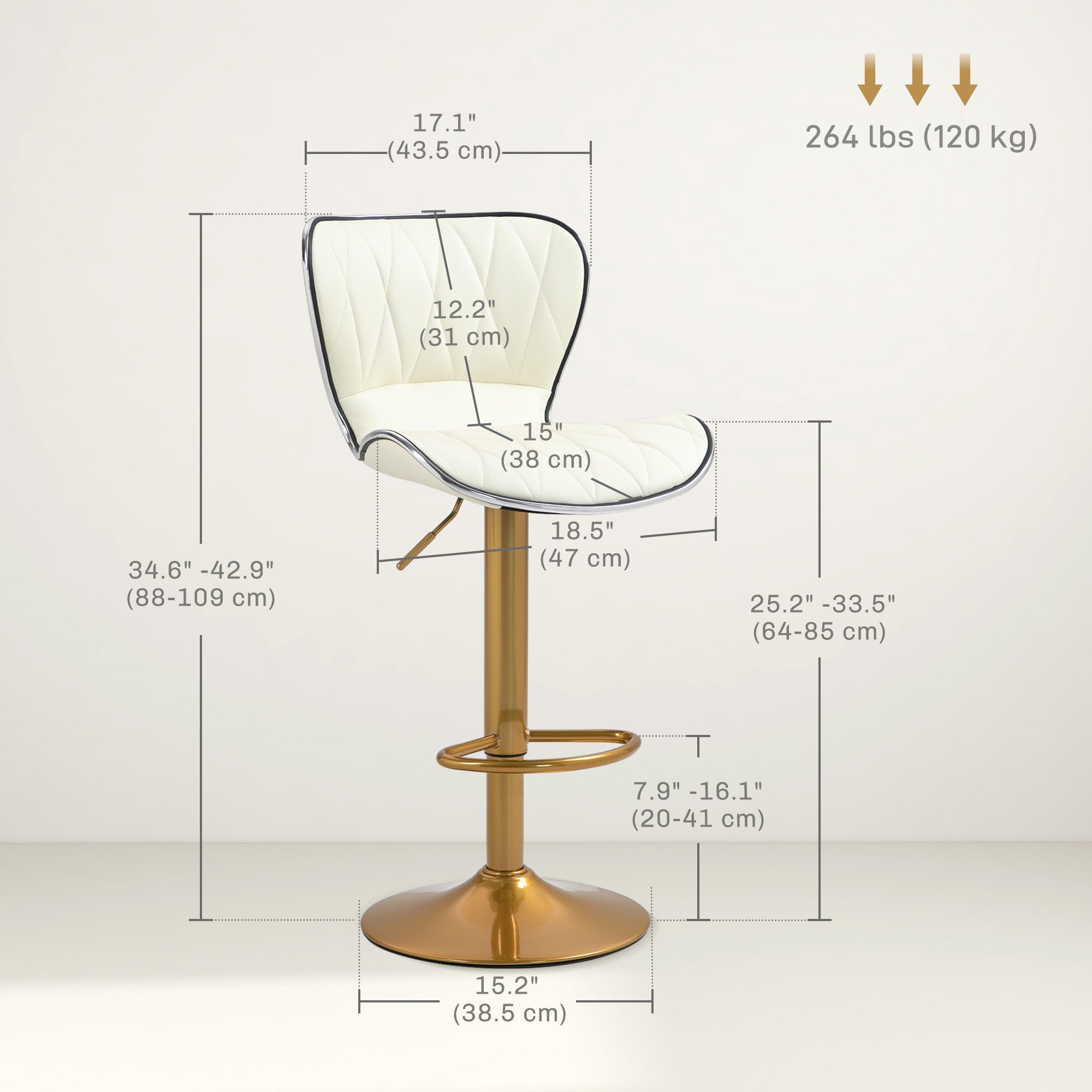 Set of 2 Adjustable Swivel Bar Stools - Cream White & Gold-DECOROLALA