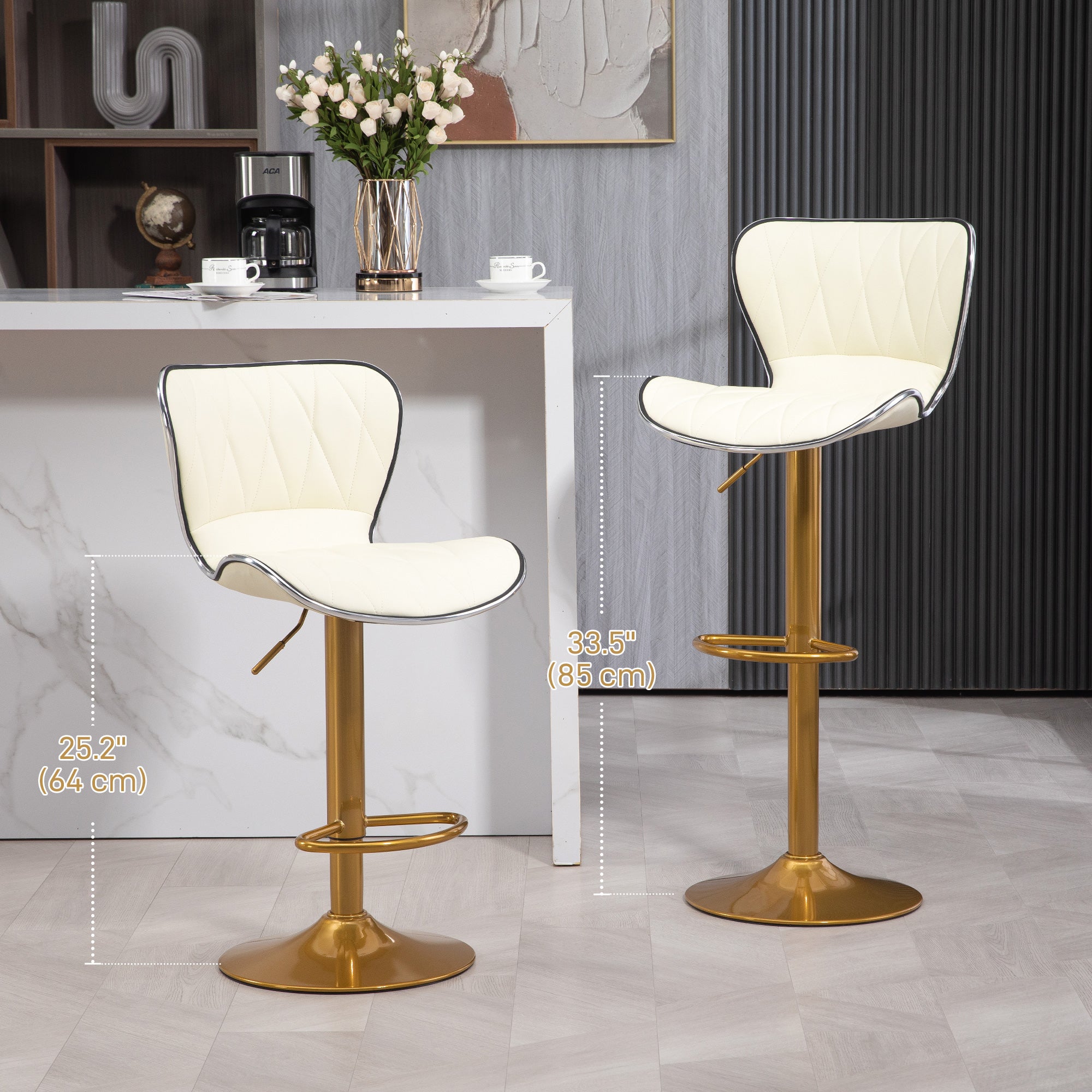 Set of 2 Adjustable Swivel Bar Stools - Cream White & Gold-DECOROLALA
