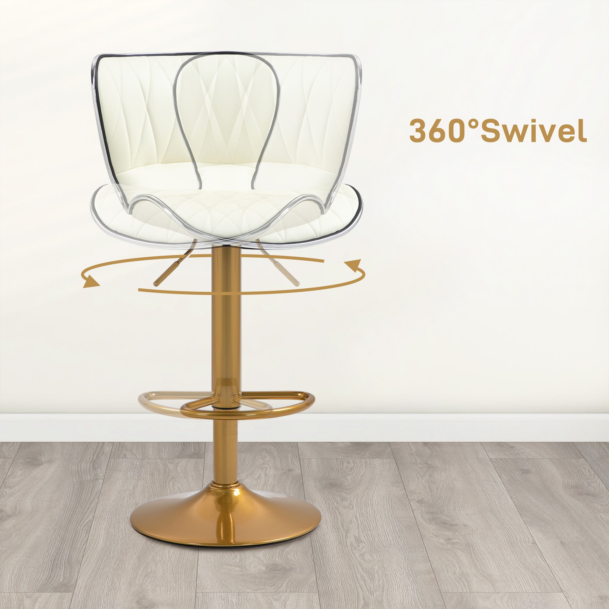 Set of 2 Adjustable Swivel Bar Stools - Cream White & Gold-DECOROLALA