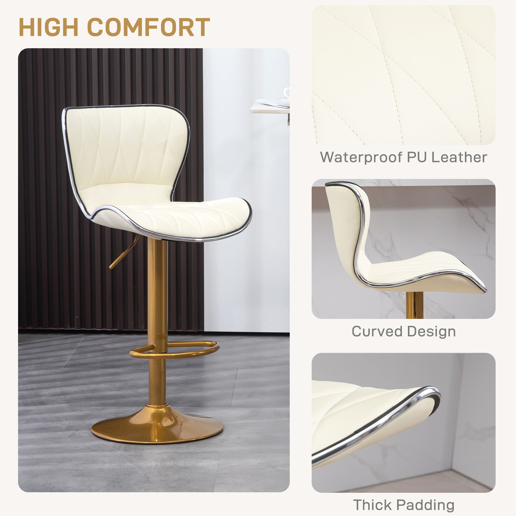 Set of 2 Adjustable Swivel Bar Stools - Cream White & Gold-DECOROLALA