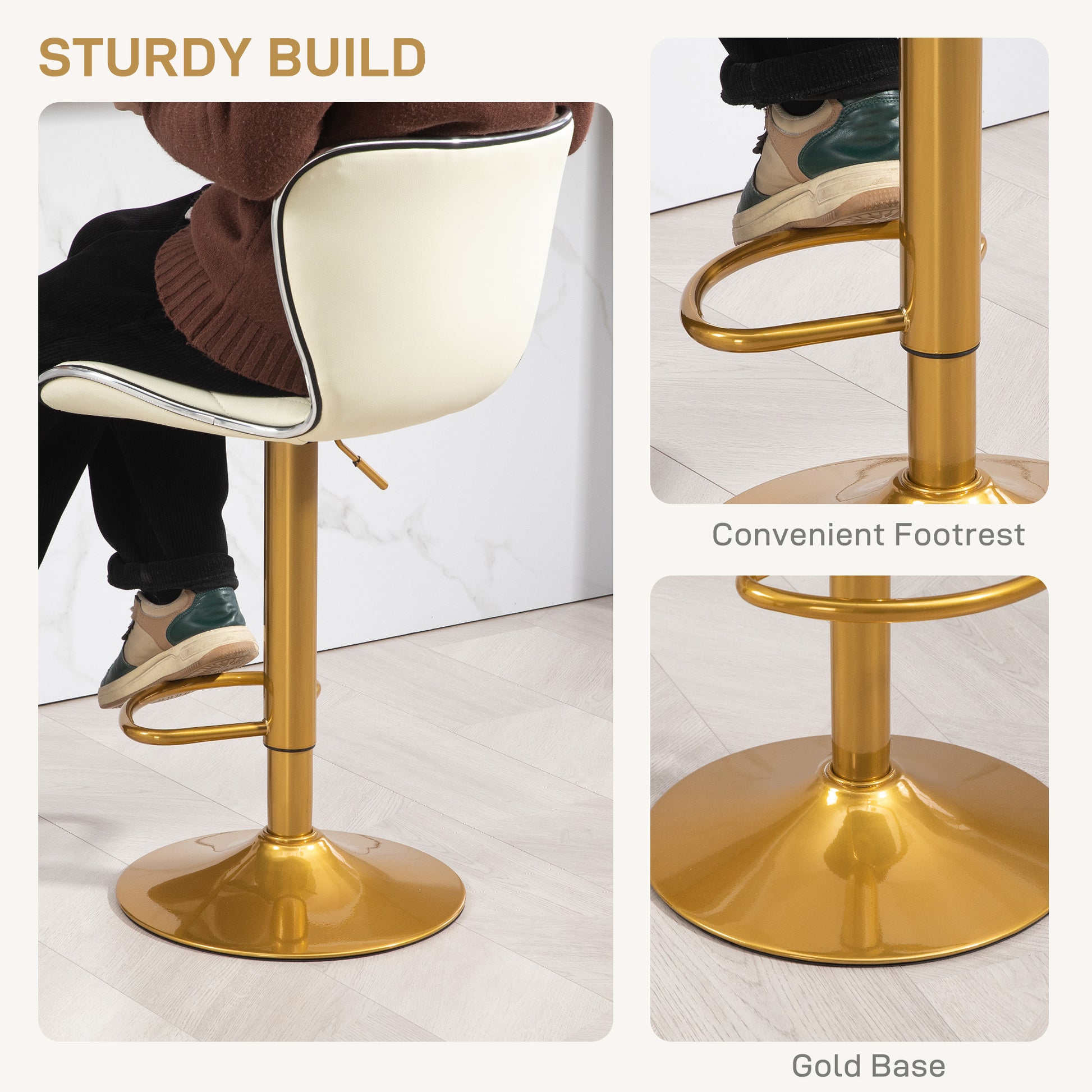 Set of 2 Adjustable Swivel Bar Stools - Cream White & Gold-DECOROLALA