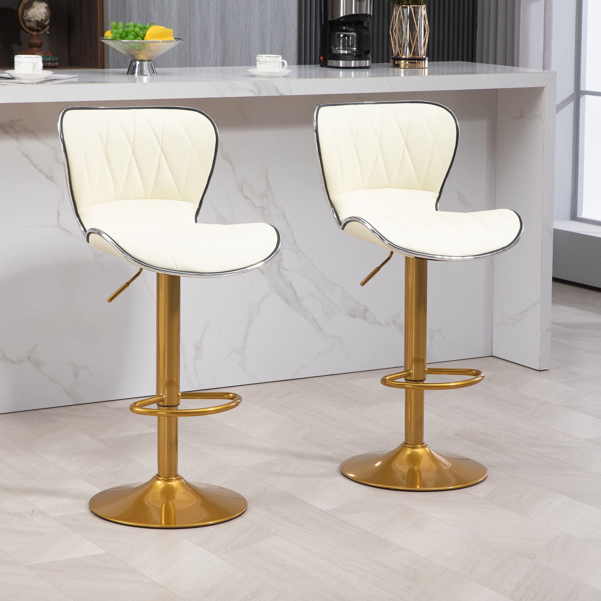 Set of 2 Adjustable Swivel Bar Stools - Cream White & Gold-DECOROLALA