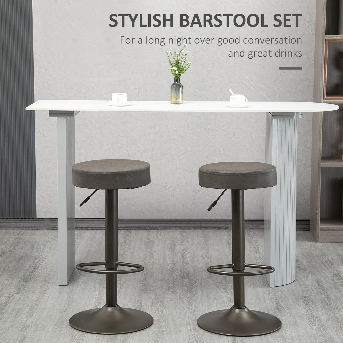 Set of 2 Adjustable Swivel Bar Stools - Dark Grey PU Leather-Home Furnishings > Kitchen & Dining Furniture > Bar Stools-DECOROLALA