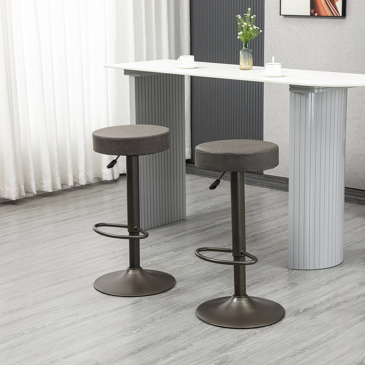 Set of 2 Adjustable Swivel Bar Stools - Dark Grey PU Leather-Home Furnishings > Kitchen & Dining Furniture > Bar Stools-DECOROLALA