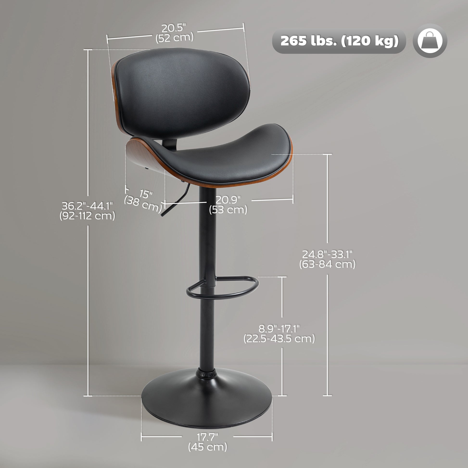 Set of 2 Adjustable Swivel PU Leather Bar Stools - Black-DECOROLALA