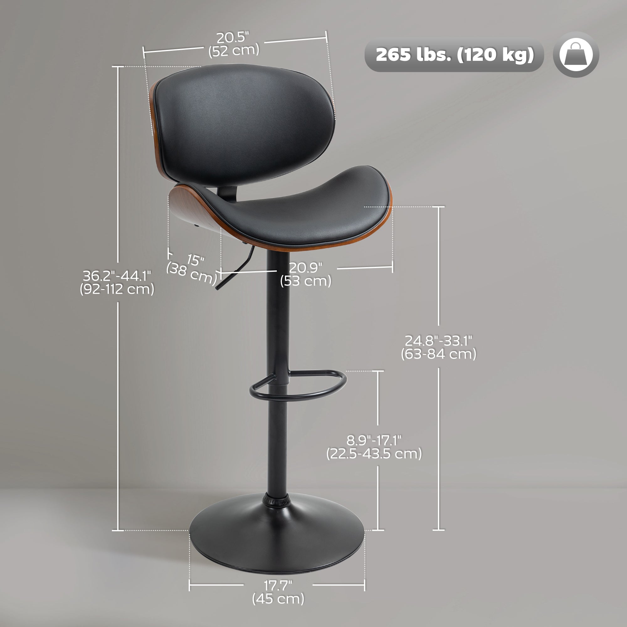 Set of 2 Adjustable Swivel PU Leather Bar Stools - Black-DECOROLALA
