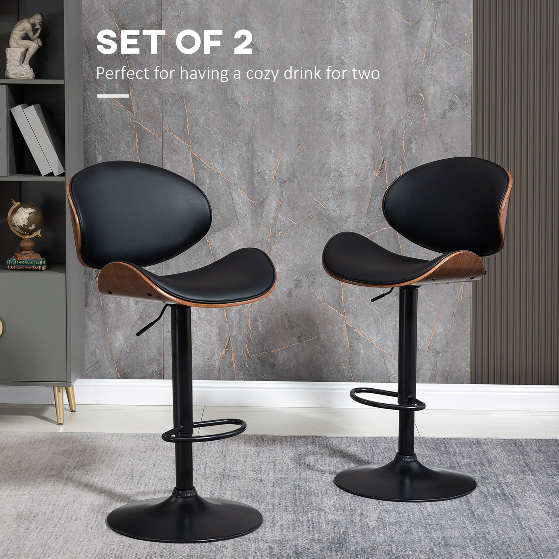 Set of 2 Adjustable Swivel PU Leather Bar Stools - Black-DECOROLALA