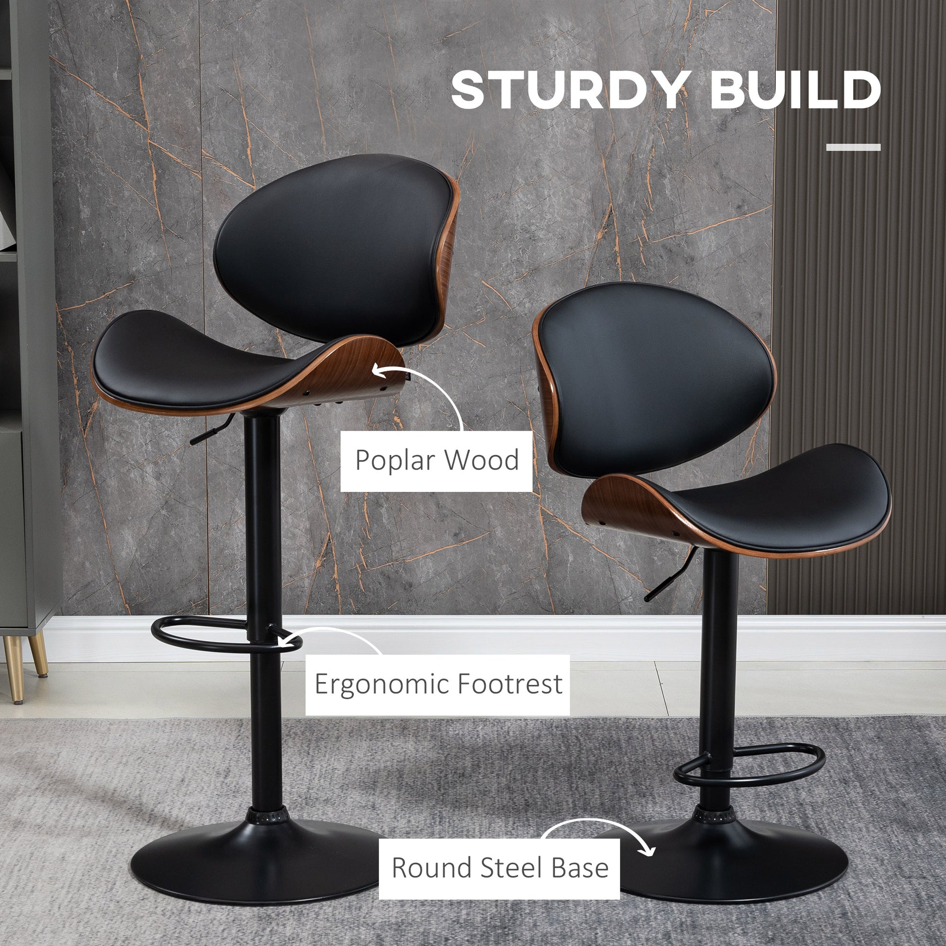 Set of 2 Adjustable Swivel PU Leather Bar Stools - Black-DECOROLALA