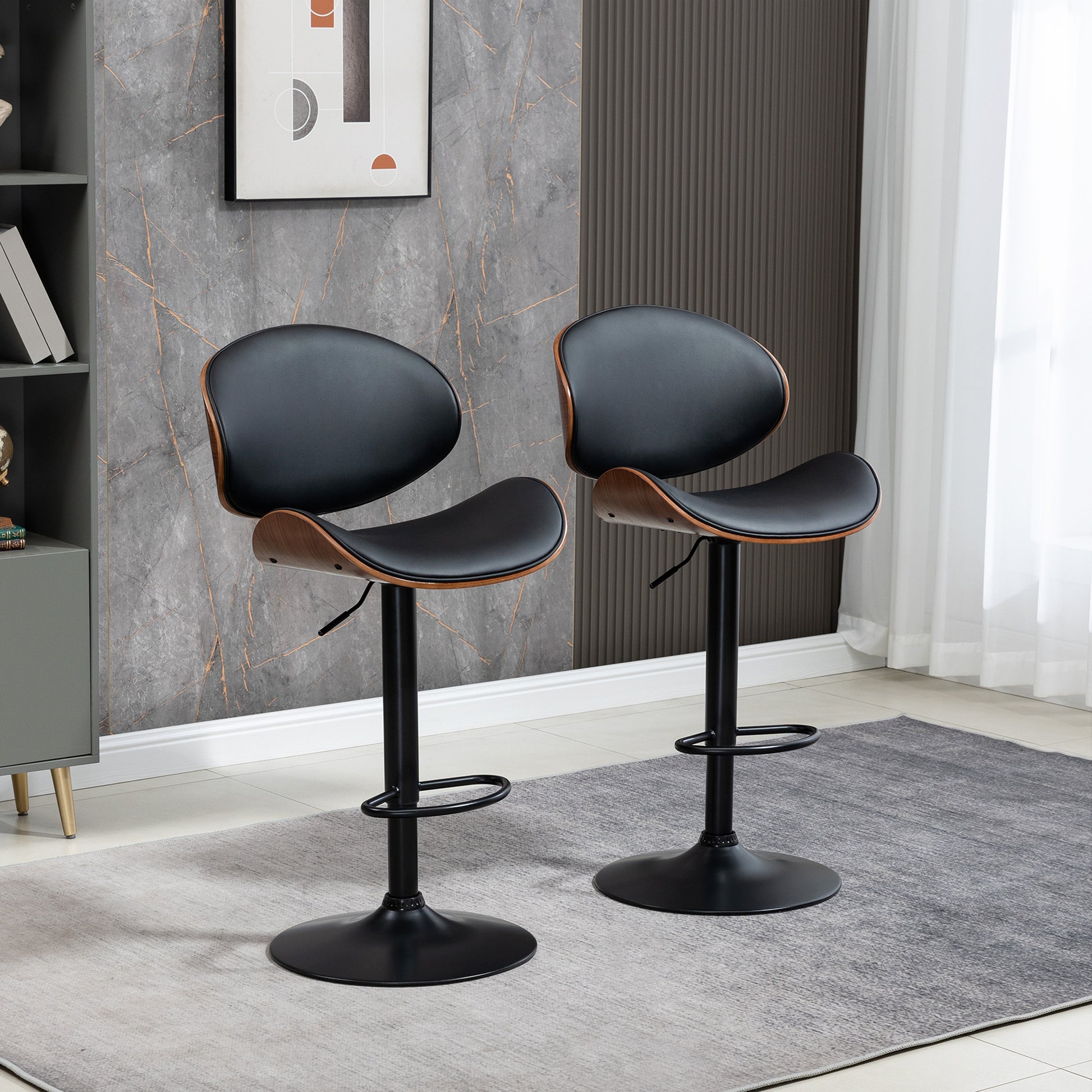 Set of 2 Adjustable Swivel PU Leather Bar Stools - Black-DECOROLALA