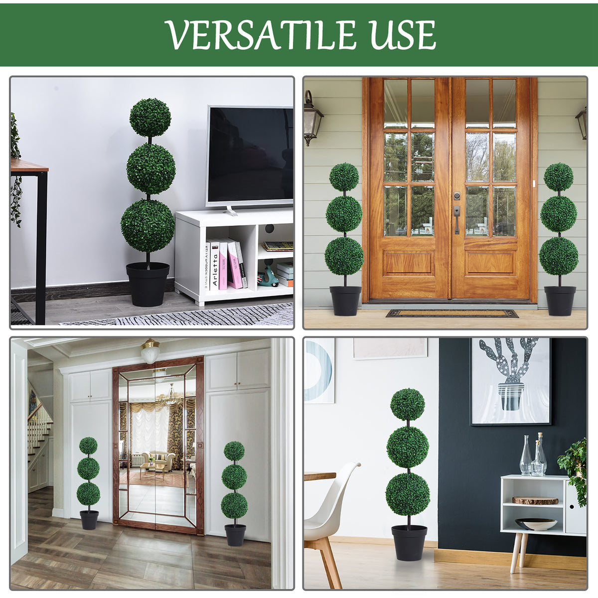 Set of 2 Artificial Ball Boxwood Topiary Trees, 44.1" Fake Plants in Pots for Outdoor Indoor Decor, Dark Green-Artificial Trees-DECOROLALA