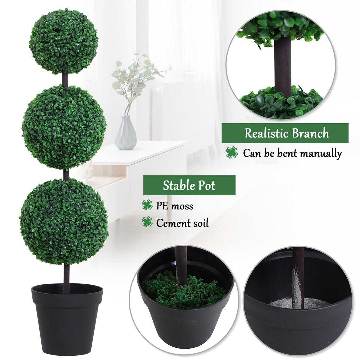 Set of 2 Artificial Ball Boxwood Topiary Trees, 44.1" Fake Plants in Pots for Outdoor Indoor Decor, Dark Green-Artificial Trees-DECOROLALA