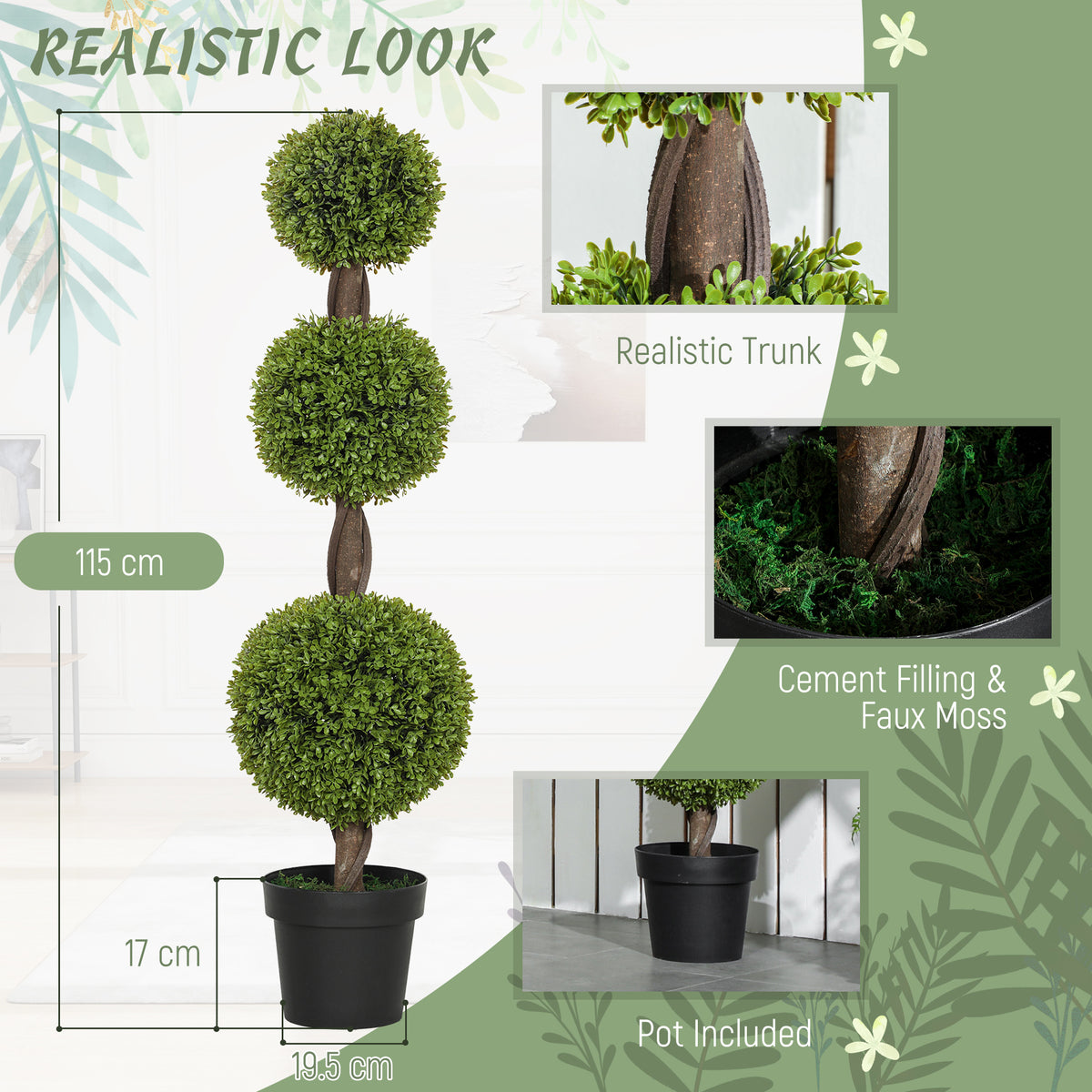 Set of 2 Artificial Ball Boxwood Topiary Trees, Fake Plants in Pots for Indoor Outdoor Decor, Green-Artificial Trees-DECOROLALA