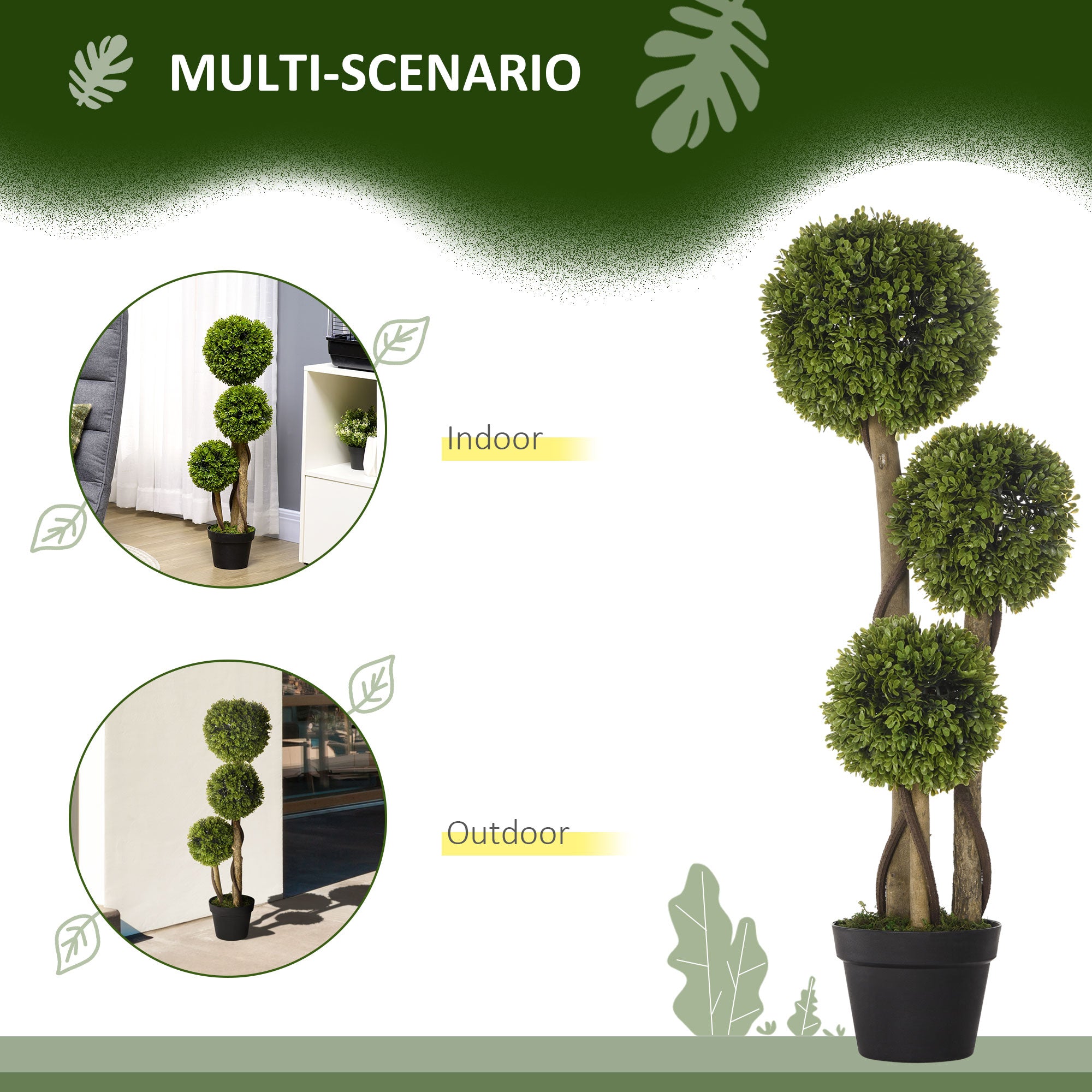 Set of 2 Artificial Boxwood Trees - 3ft Three-Ball Topiary Green-DECOROLALA