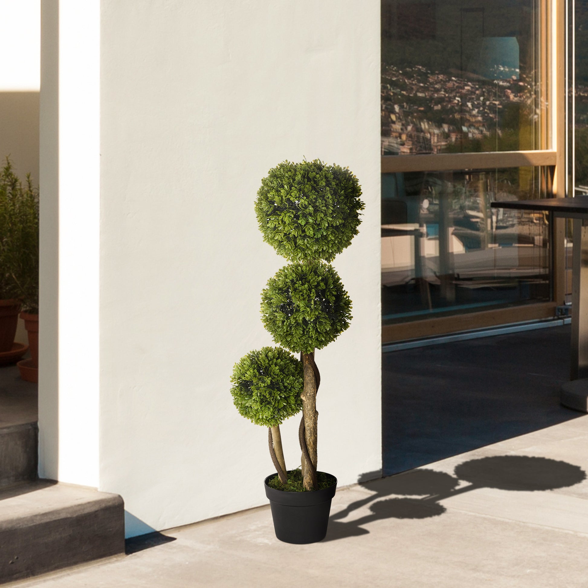 Set of 2 Artificial Boxwood Trees - 3ft Three-Ball Topiary Green-DECOROLALA