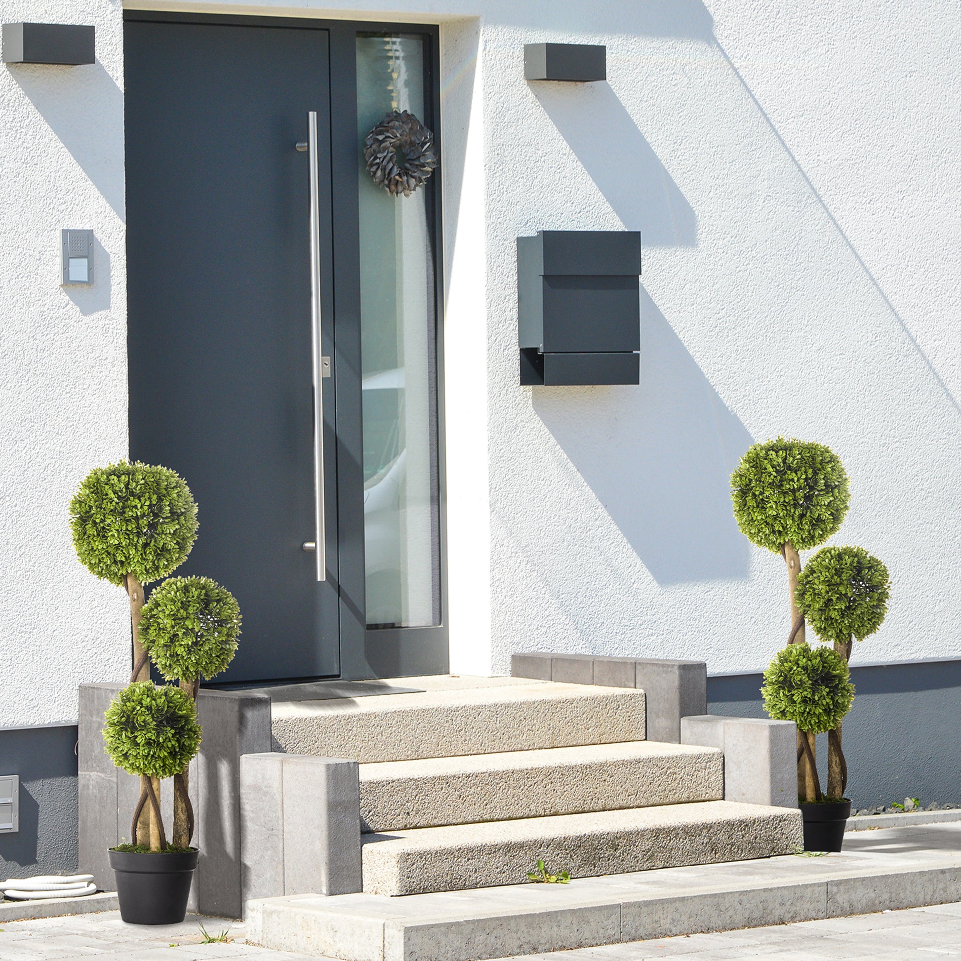 Set of 2 Artificial Boxwood Trees - 3ft Three-Ball Topiary Green-DECOROLALA