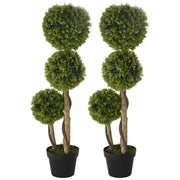 Set of 2 Artificial Boxwood Trees - 3ft Three-Ball Topiary Green-DECOROLALA