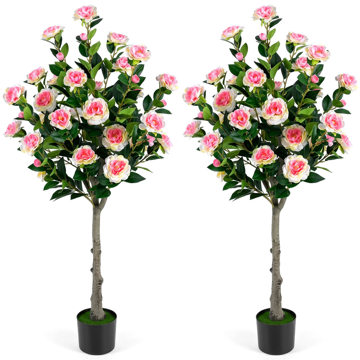 Set of 2 Artificial Camellia Tree with 27 Blossoms in Cement Pot for Home-Artificial Plants-DECOROLALA
