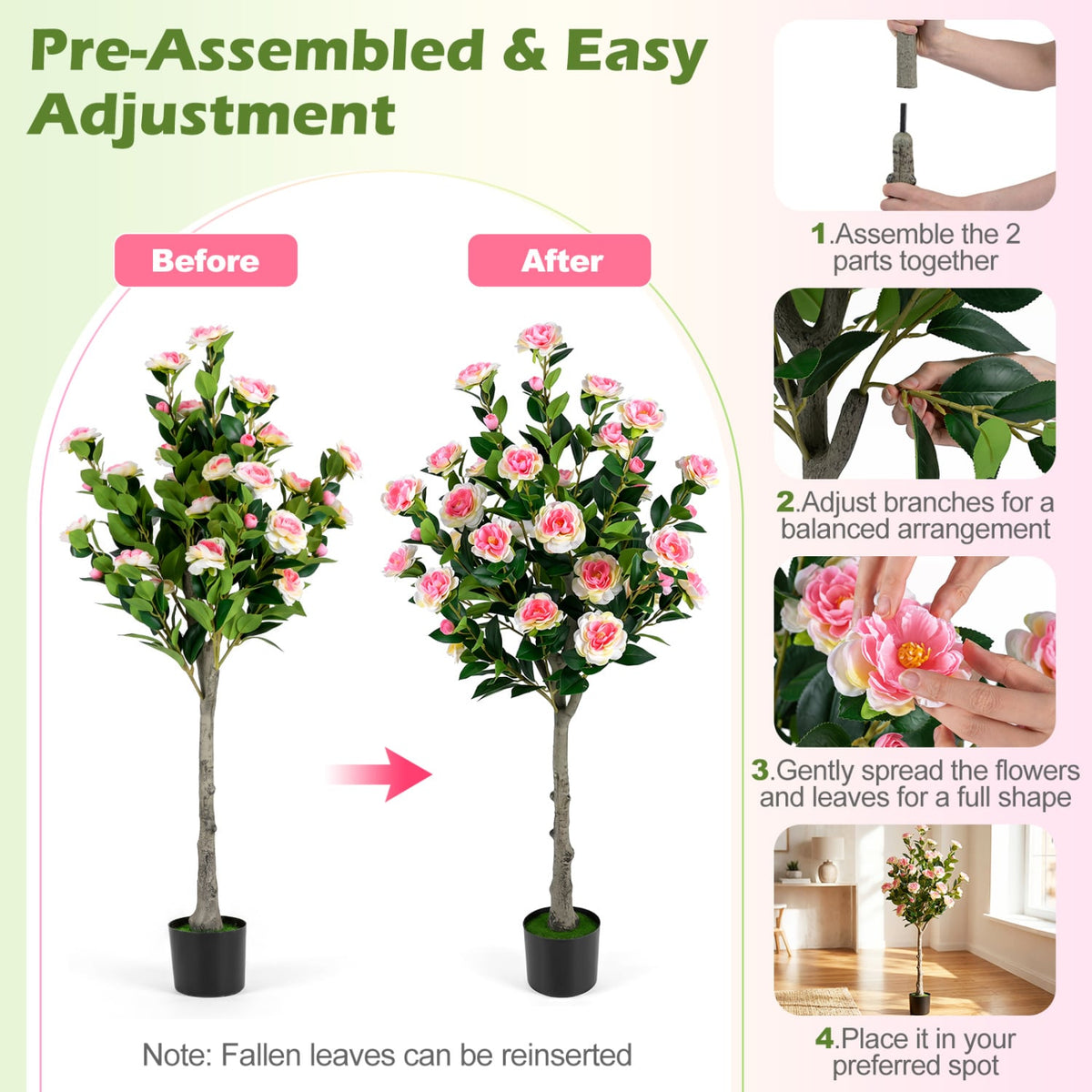 Set of 2 Artificial Camellia Tree with 27 Blossoms in Cement Pot for Home-Artificial Plants-DECOROLALA