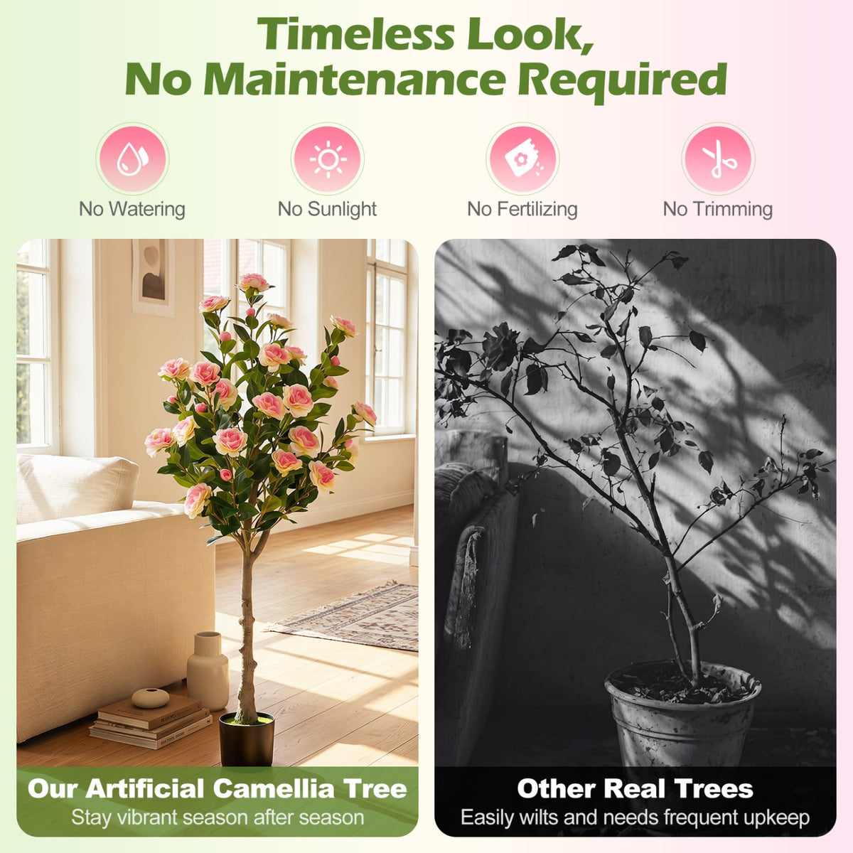 Set of 2 Artificial Camellia Tree with 27 Blossoms in Cement Pot for Home-Artificial Plants-DECOROLALA