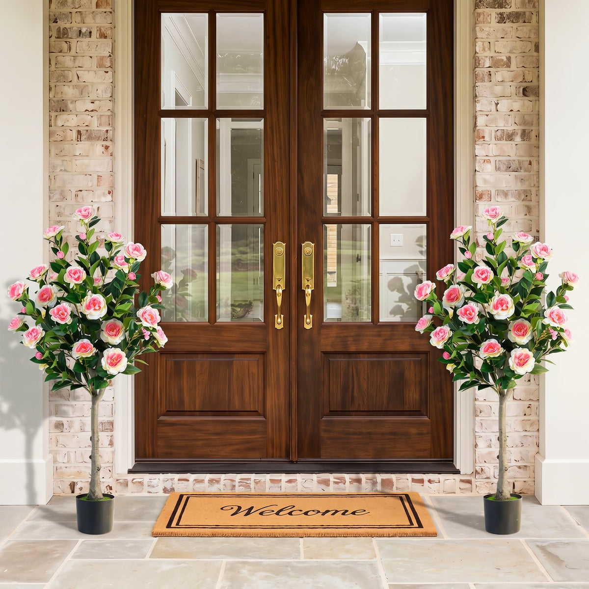 Set of 2 Artificial Camellia Tree with 27 Blossoms in Cement Pot for Home-Artificial Plants-DECOROLALA