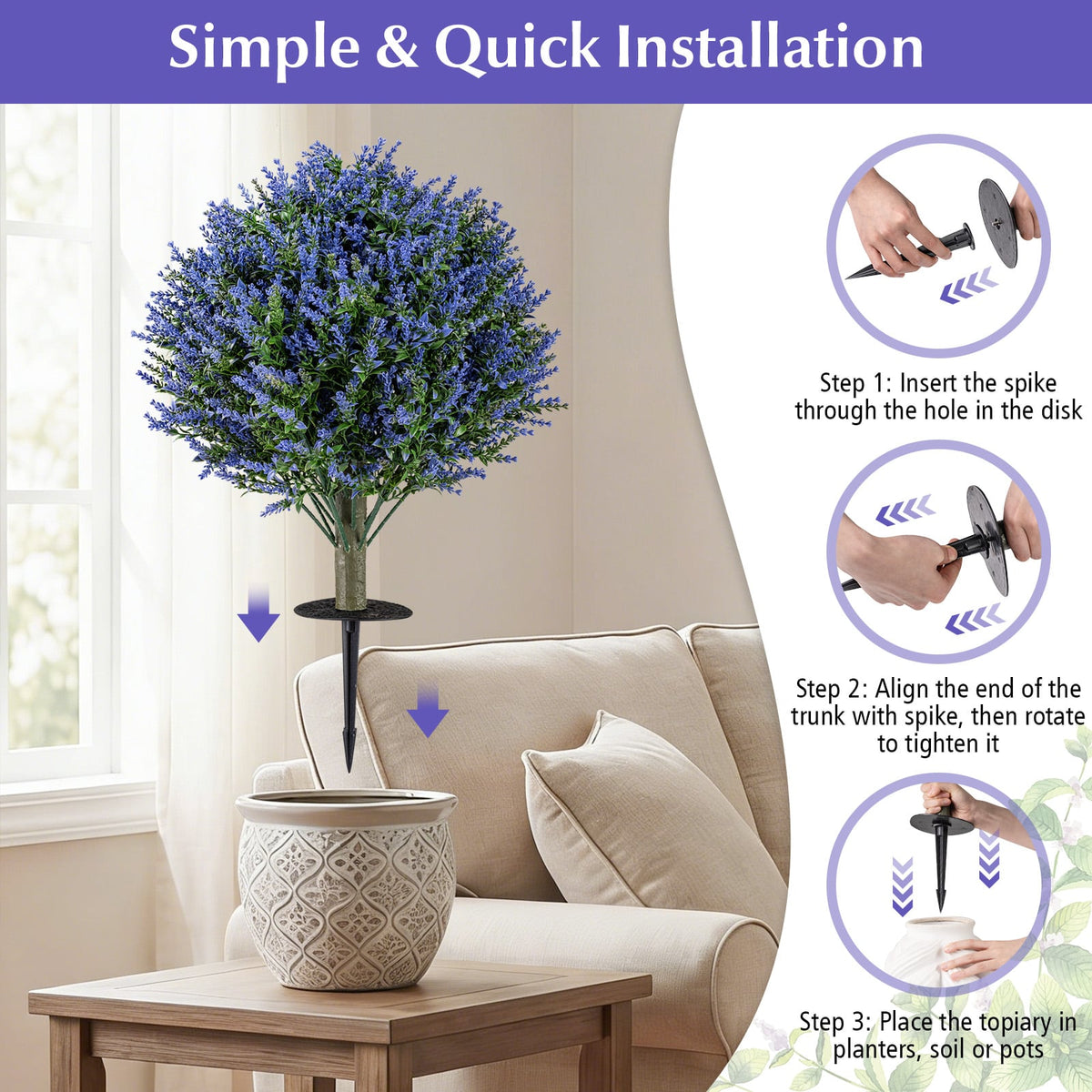 Set of 2 Artificial Lavender Topiary Ball Trees with Ground Spikes-Artificial Plants-DECOROLALA