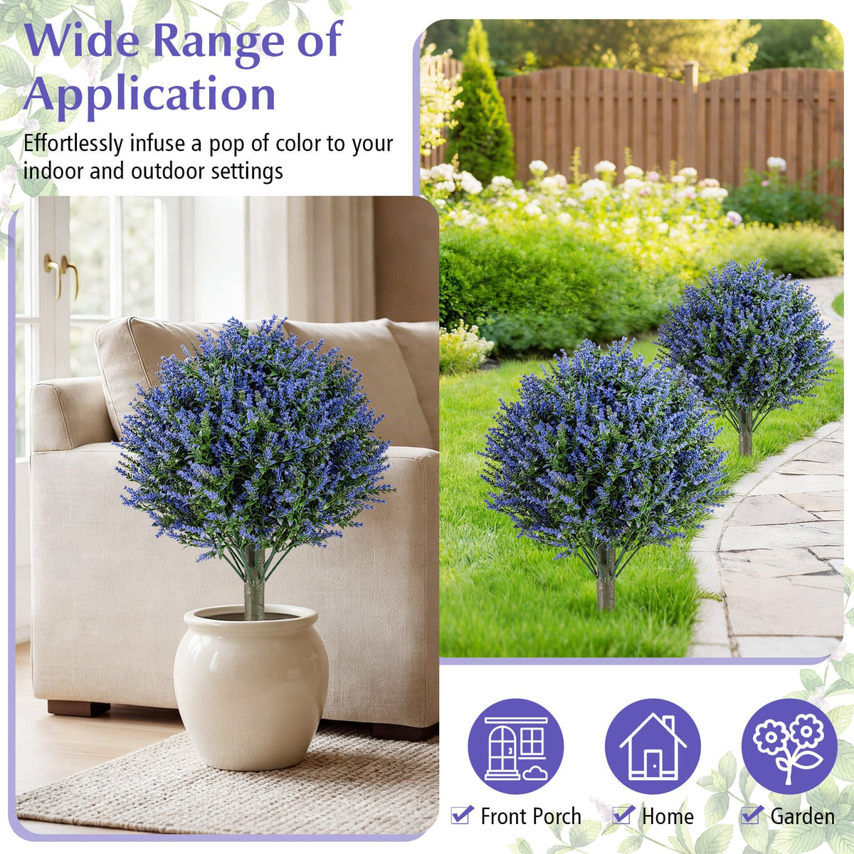 Set of 2 Artificial Lavender Topiary Ball Trees with Ground Spikes-Artificial Plants-DECOROLALA