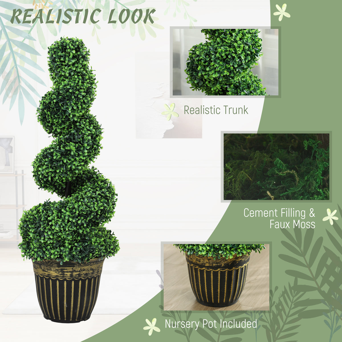 Set of 2 Artificial Plants, Topiary Spiral Boxwood Trees with Pot, for Home Indoor Outdoor Decor, 90cm-Artificial Trees-DECOROLALA