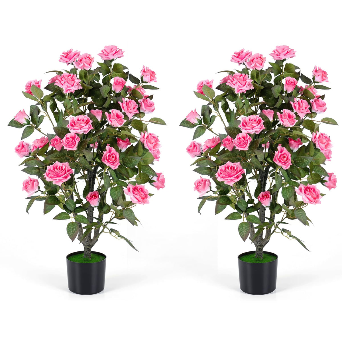 Set of 2 Artificial Rose Tree with Blooming Flowers and Green Leaves for Indoor-Pink-Artificial Plants-DECOROLALA