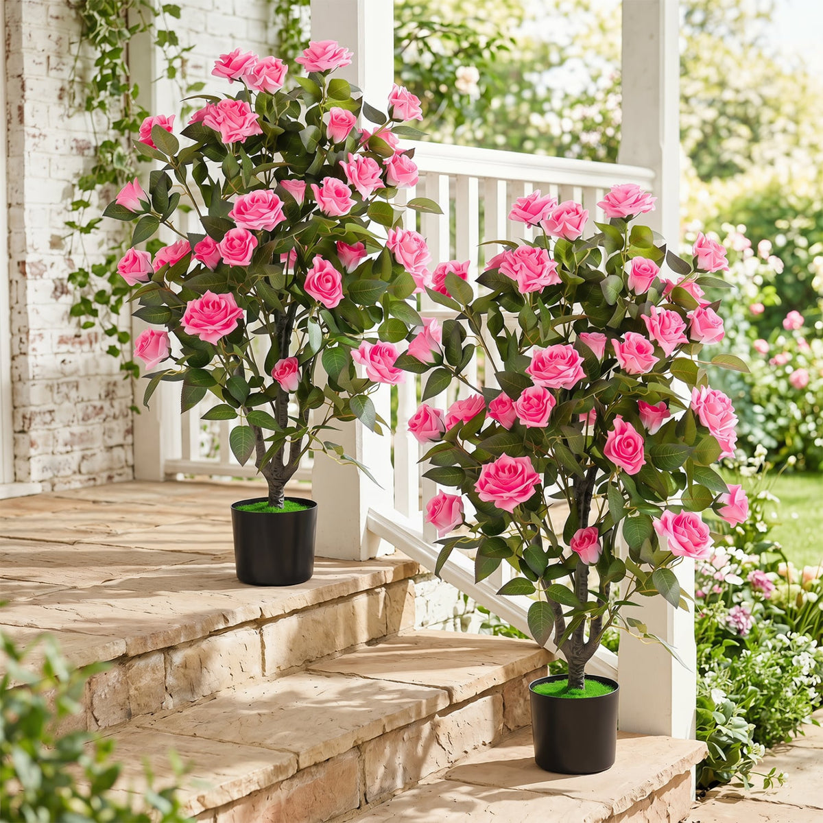 Set of 2 Artificial Rose Tree with Blooming Flowers and Green Leaves for Indoor-Pink-Artificial Plants-DECOROLALA