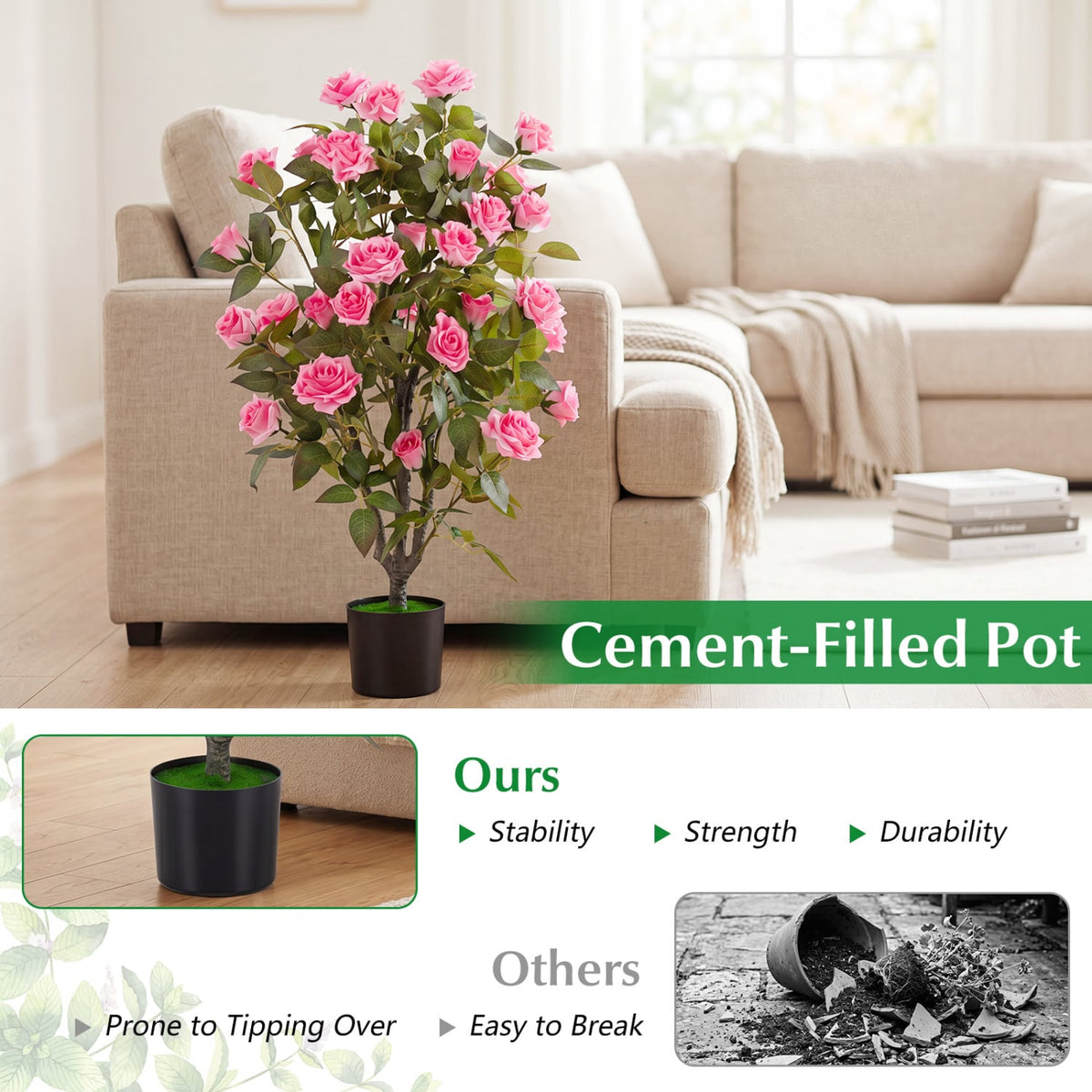 Set of 2 Artificial Rose Tree with Blooming Flowers and Green Leaves for Indoor-Pink-Artificial Plants-DECOROLALA