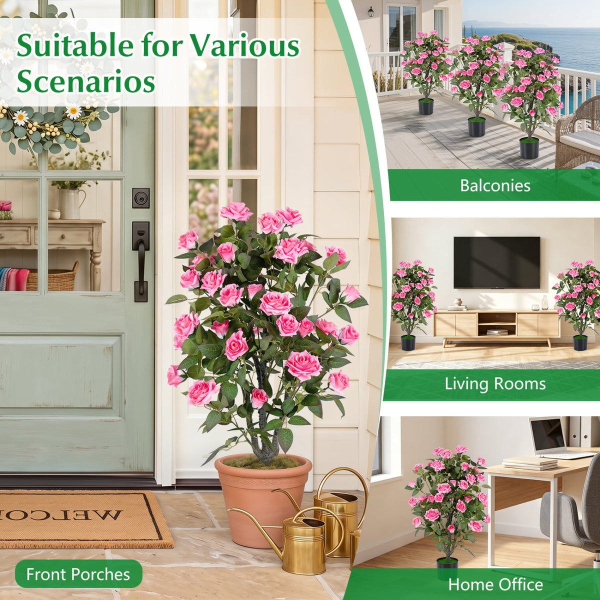 Set of 2 Artificial Rose Tree with Blooming Flowers and Green Leaves for Indoor-Pink-Artificial Plants-DECOROLALA