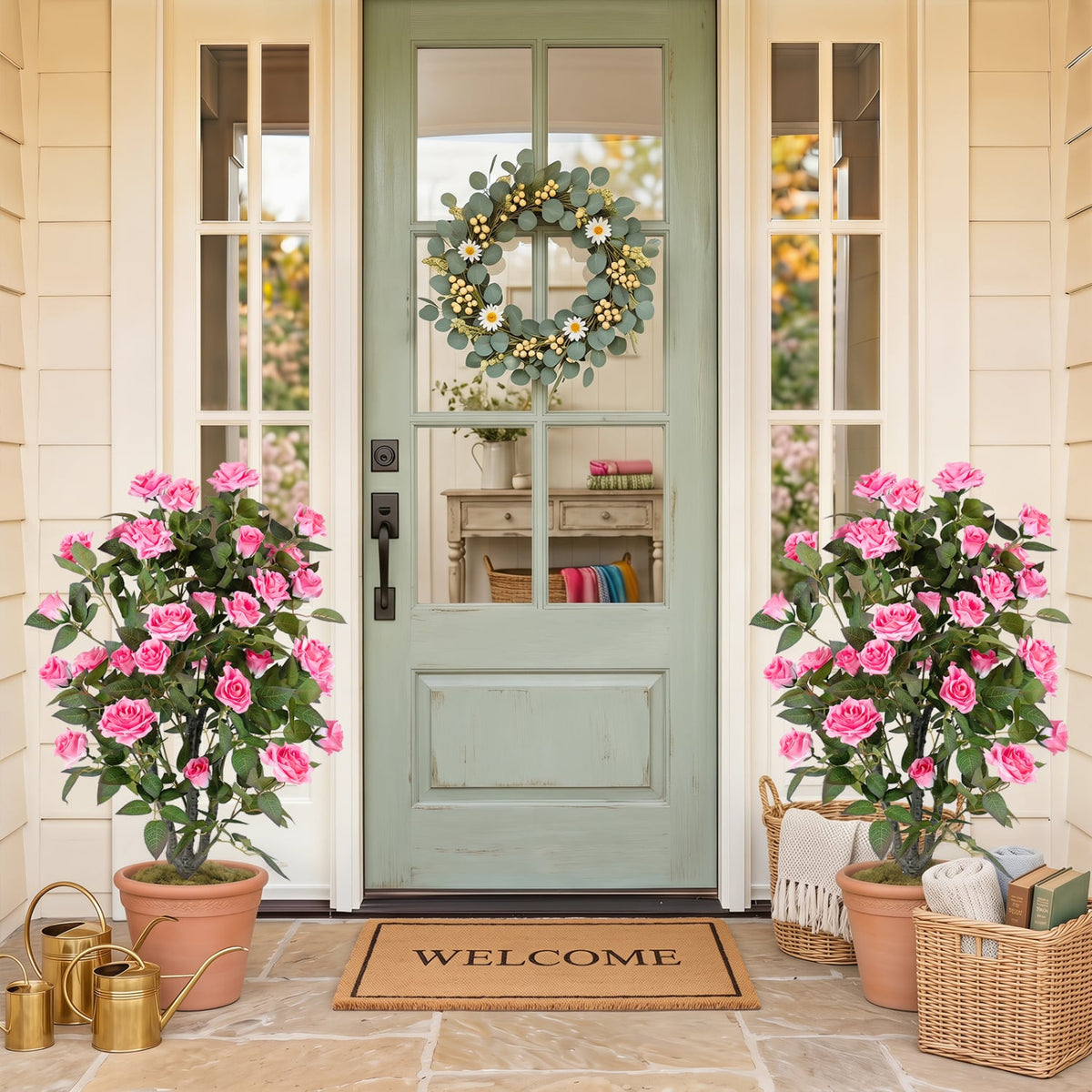 Set of 2 Artificial Rose Tree with Blooming Flowers and Green Leaves for Indoor-Pink-Artificial Plants-DECOROLALA