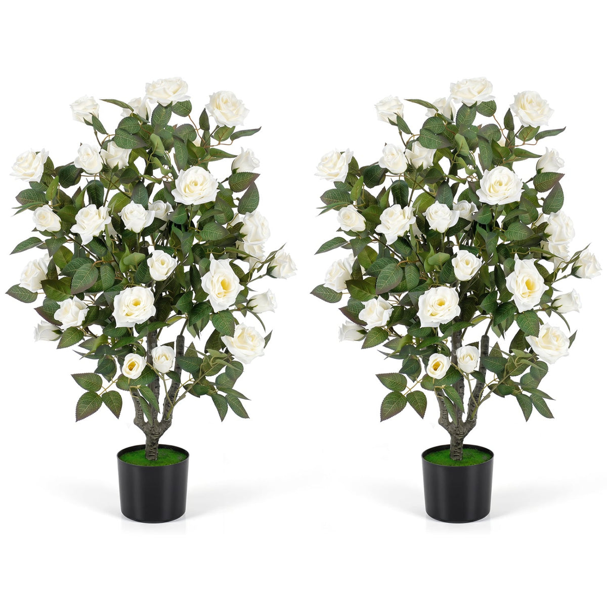 Set of 2 Artificial Rose Tree with Blooming Flowers and Green Leaves for Indoor-White-Artificial Plants-DECOROLALA