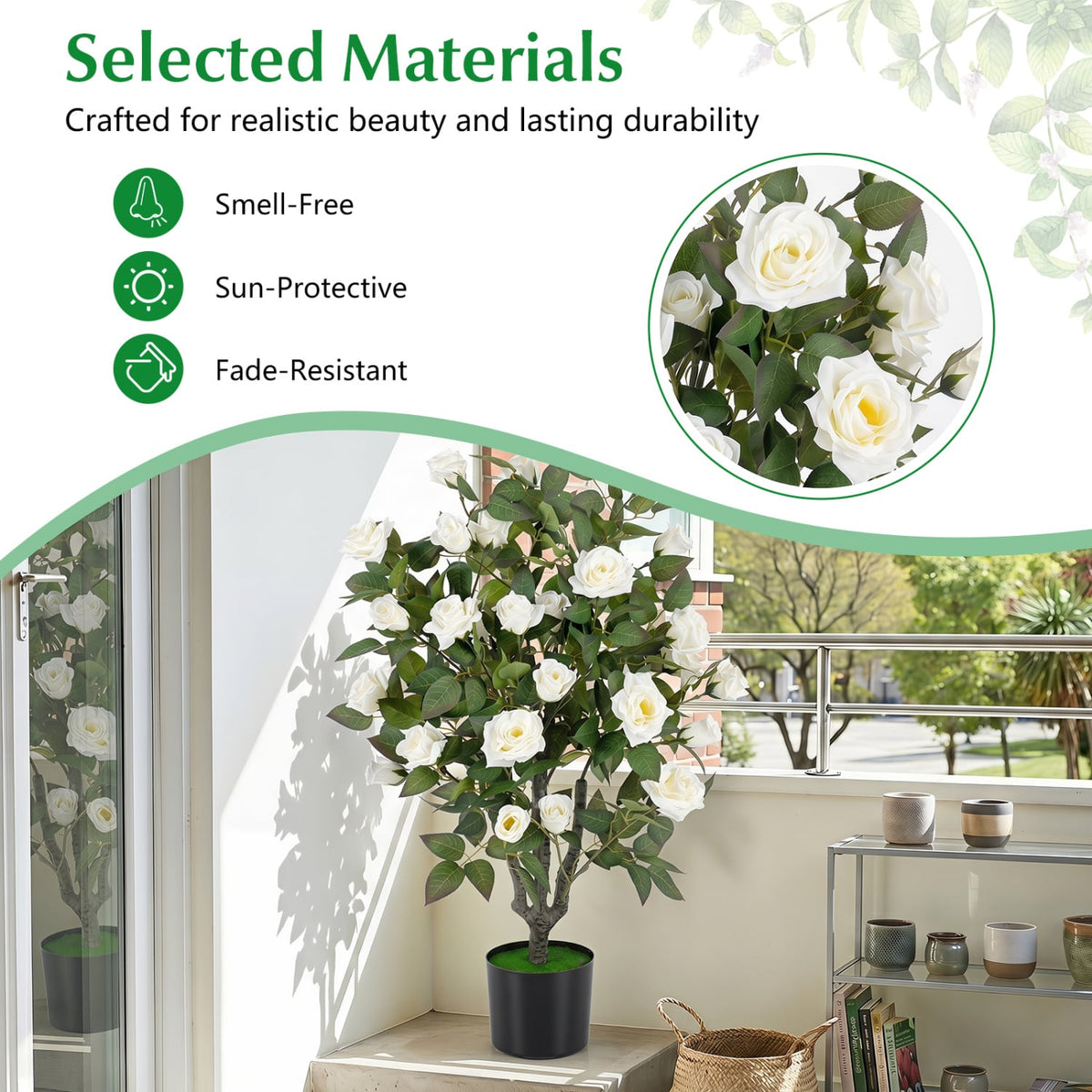 Set of 2 Artificial Rose Tree with Blooming Flowers and Green Leaves for Indoor-White-Artificial Plants-DECOROLALA